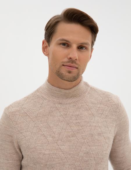 Bej Slim Fit Yarım Balıkçı Yaka Triko Kazak - 50315690001