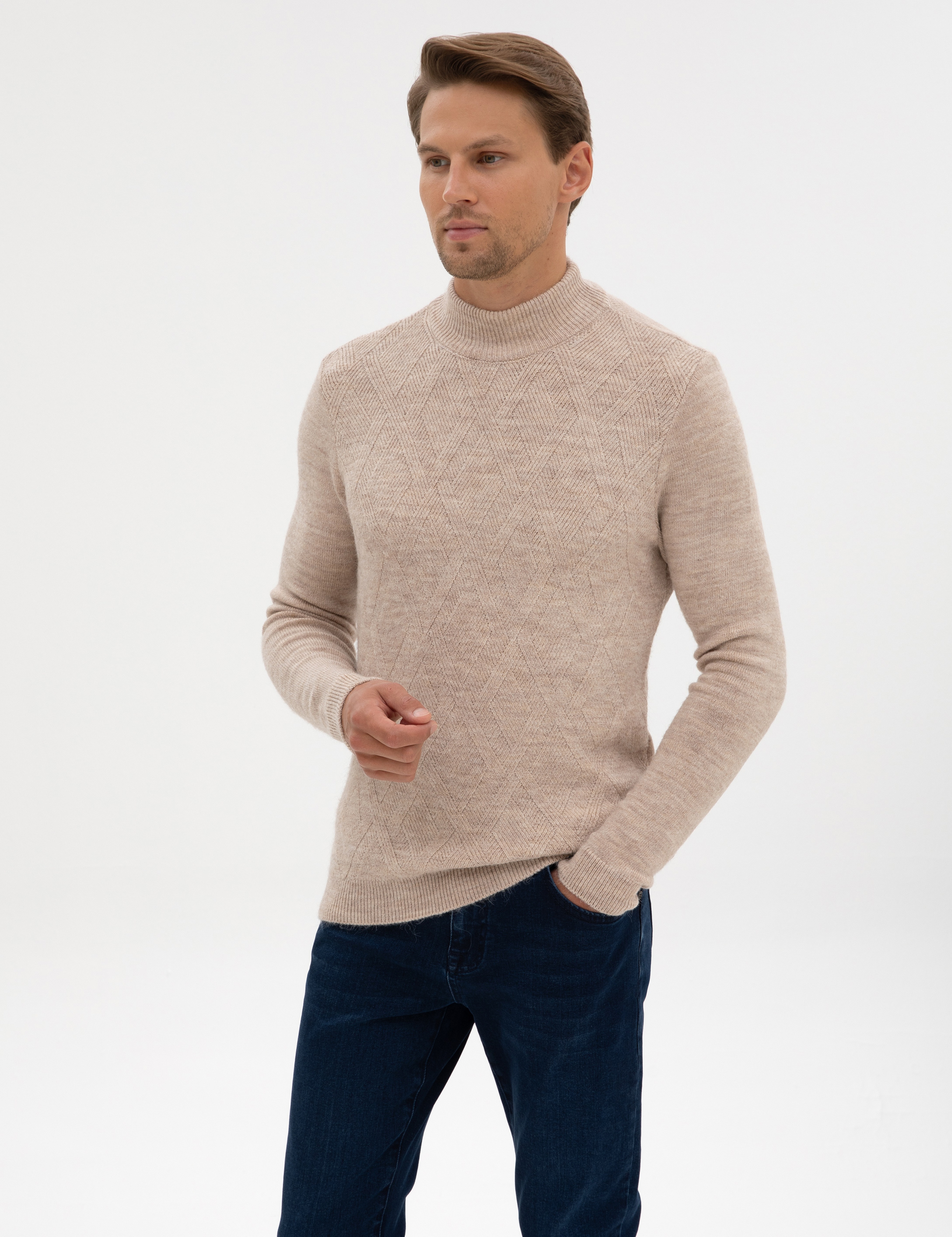 Bej Slim Fit Yarım Balıkçı Yaka Triko Kazak - Image 3