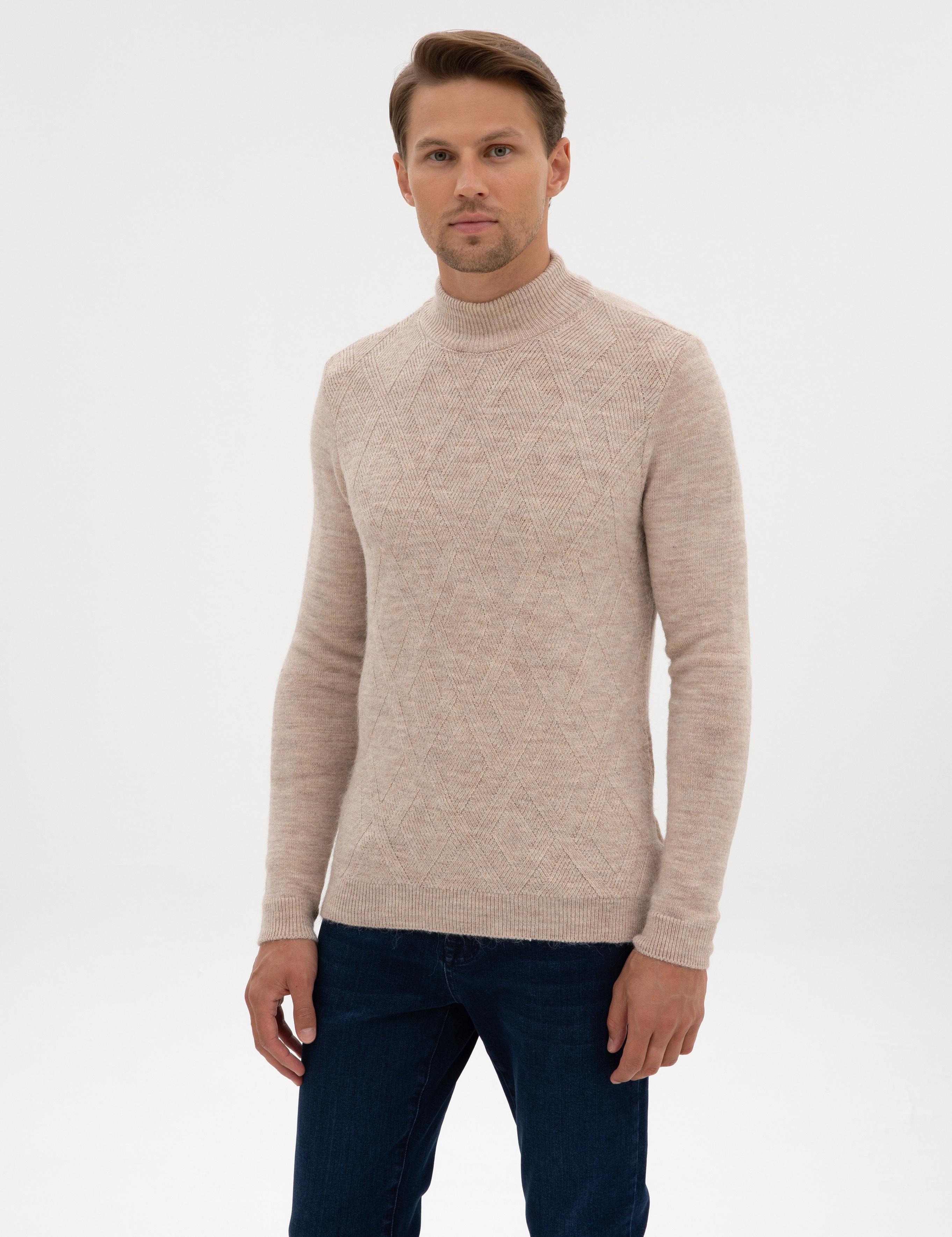 Bej Slim Fit Yarım Balıkçı Yaka Triko Kazak