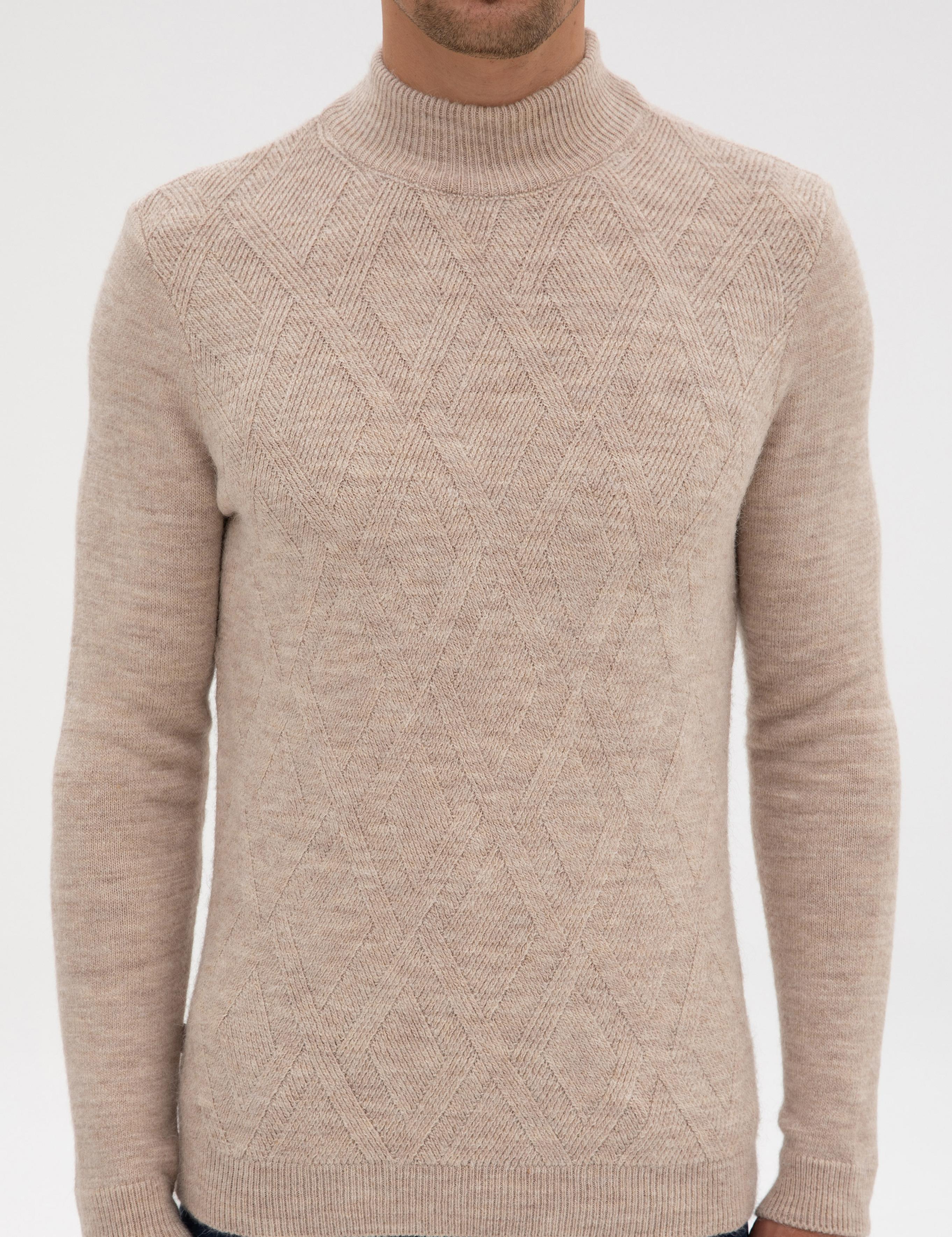 Bej Slim Fit Yarım Balıkçı Yaka Triko Kazak