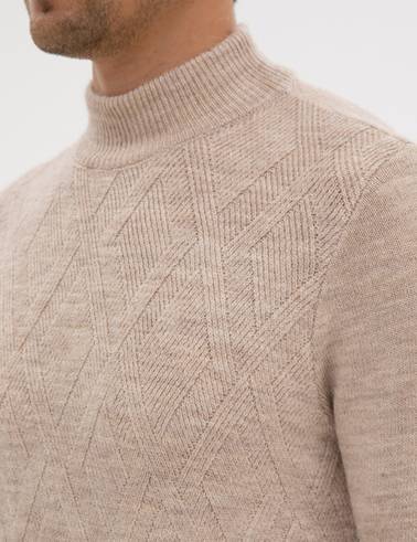 Bej Slim Fit Yarım Balıkçı Yaka Triko Kazak