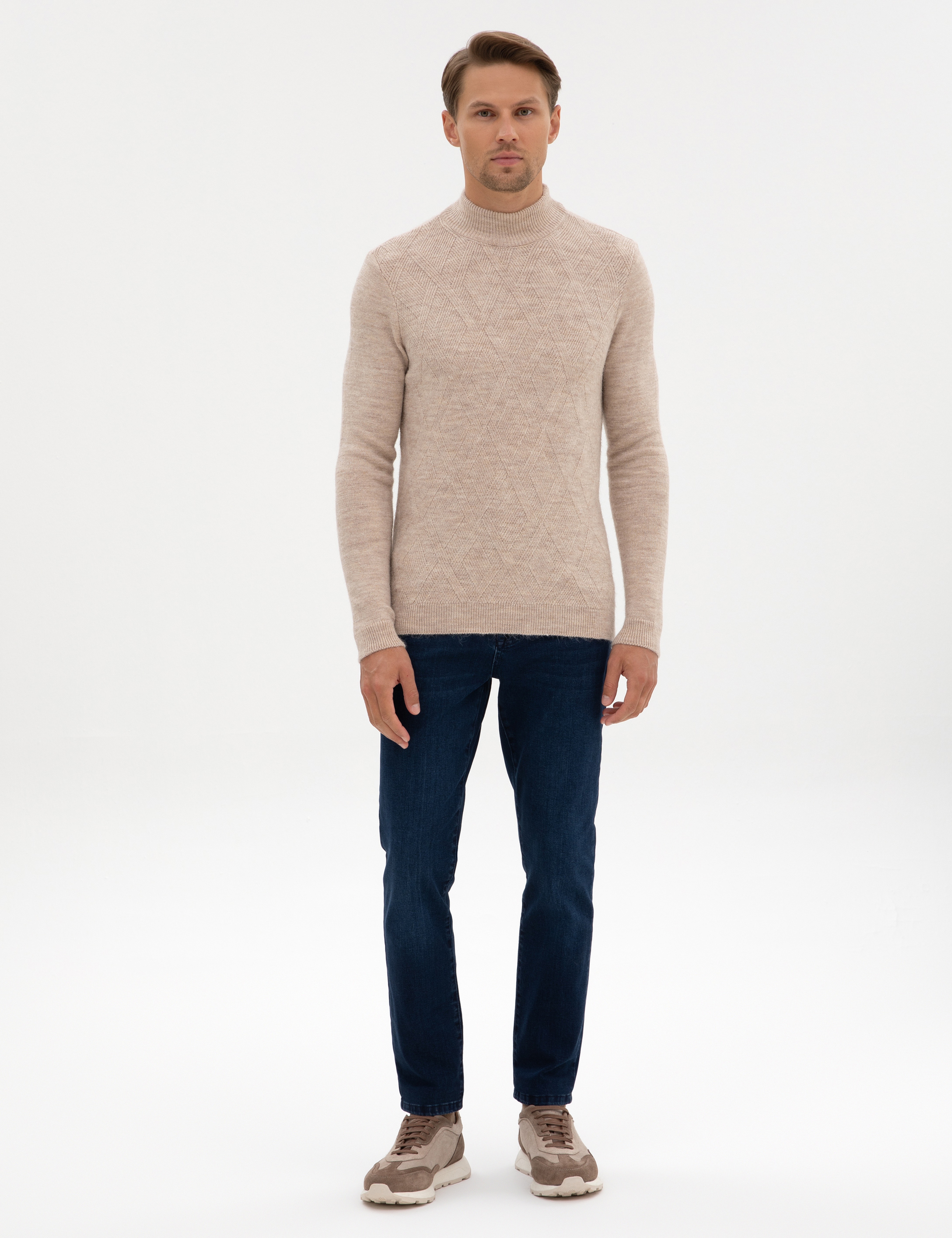 Bej Slim Fit Yarım Balıkçı Yaka Triko Kazak - Image 4