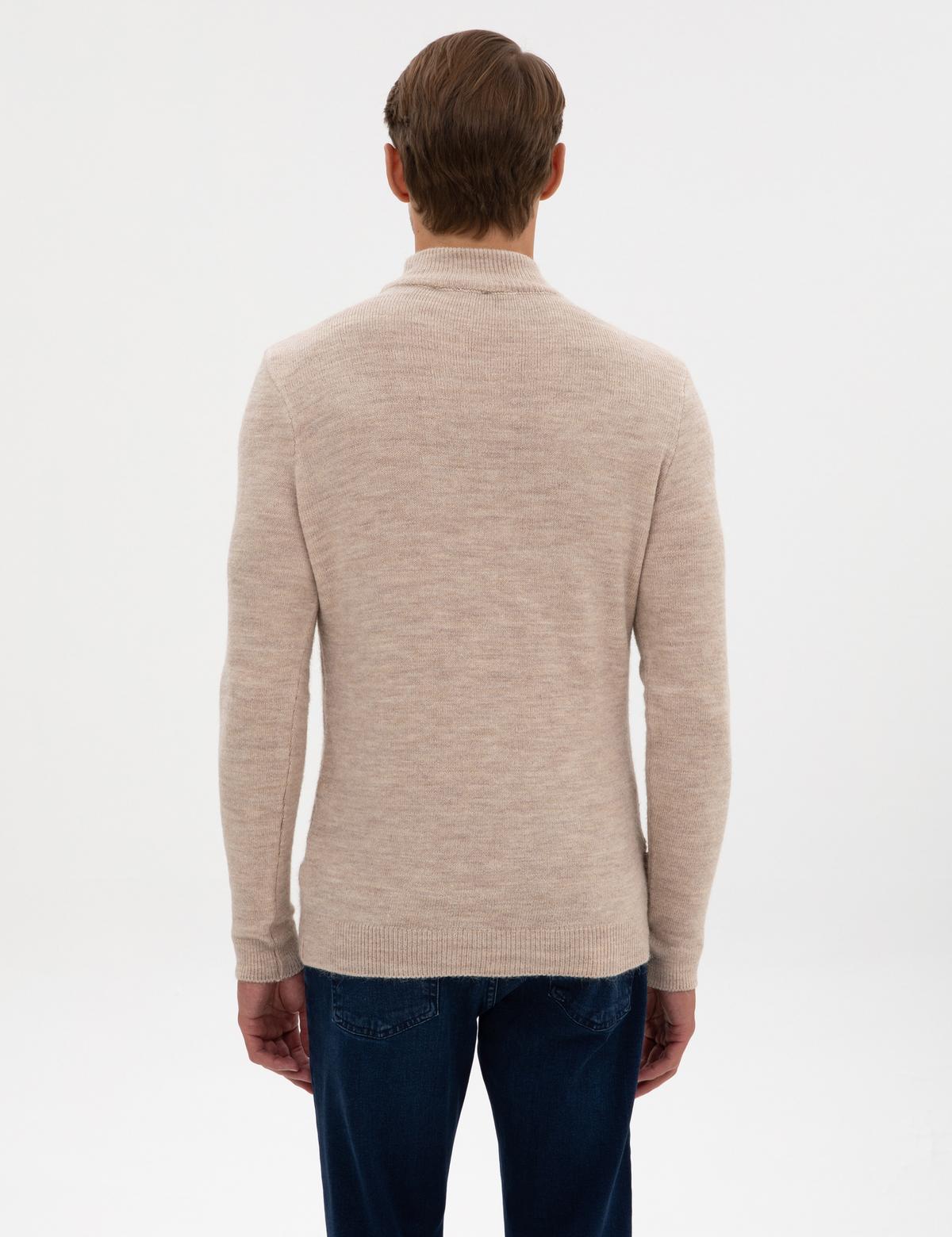 Bej Slim Fit Yarım Balıkçı Yaka Triko Kazak - 50315690001