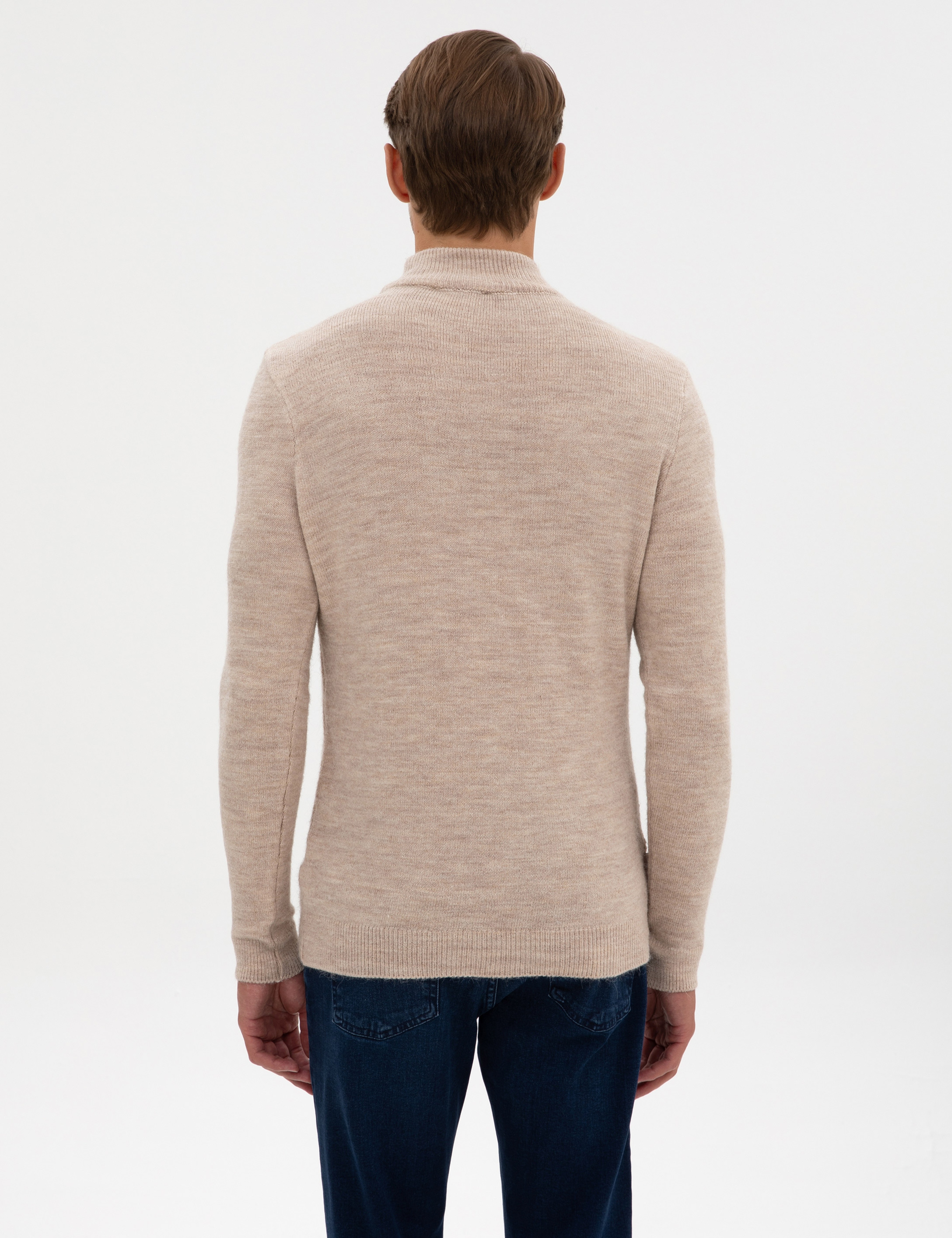 Bej Slim Fit Yarım Balıkçı Yaka Triko Kazak - Image 5