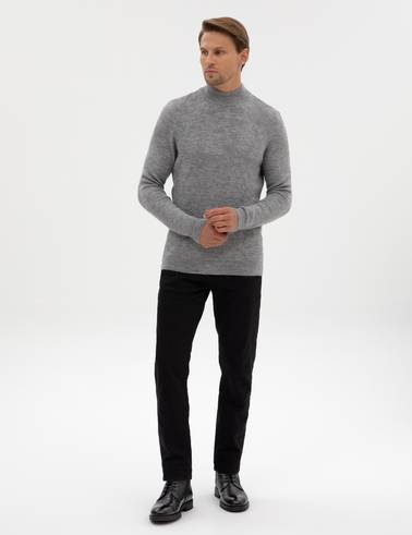Açık Gri Melanj Slim Fit Yarım Balıkçı Yaka Triko Kazak
