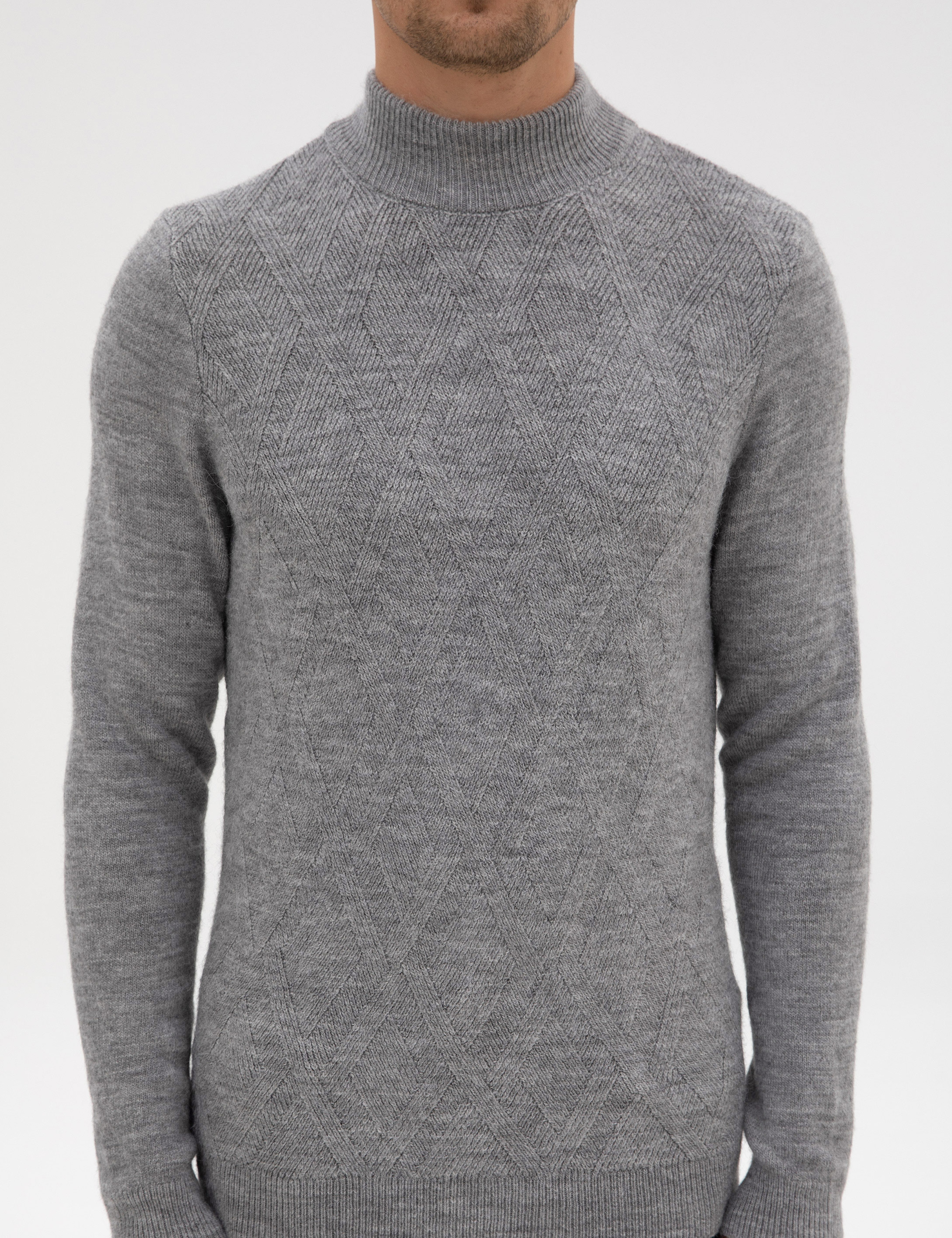 Açık Gri Melanj Slim Fit Yarım Balıkçı Yaka Triko Kazak - Image 6
