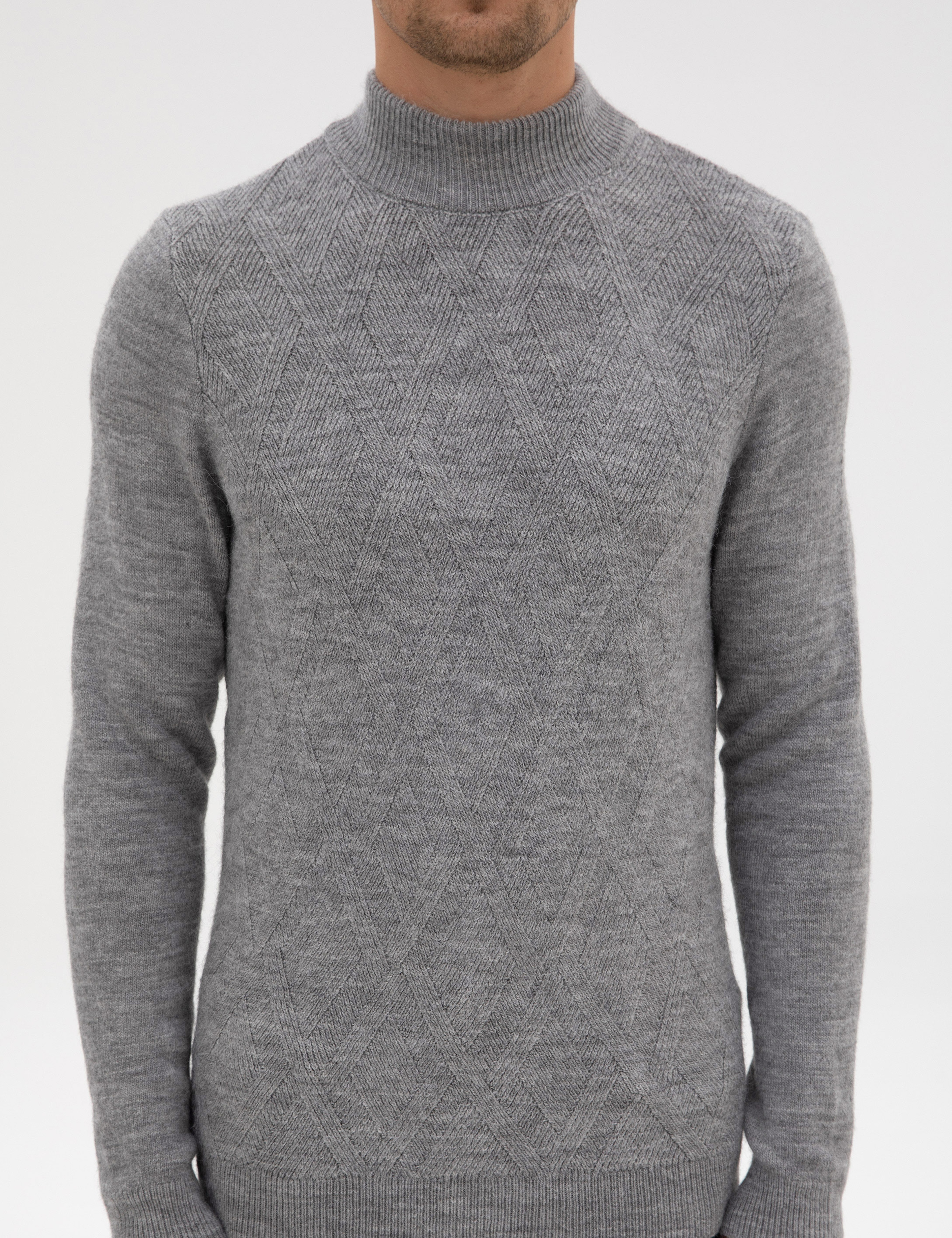 Açık Gri Melanj Slim Fit Yarım Balıkçı Yaka Triko Kazak