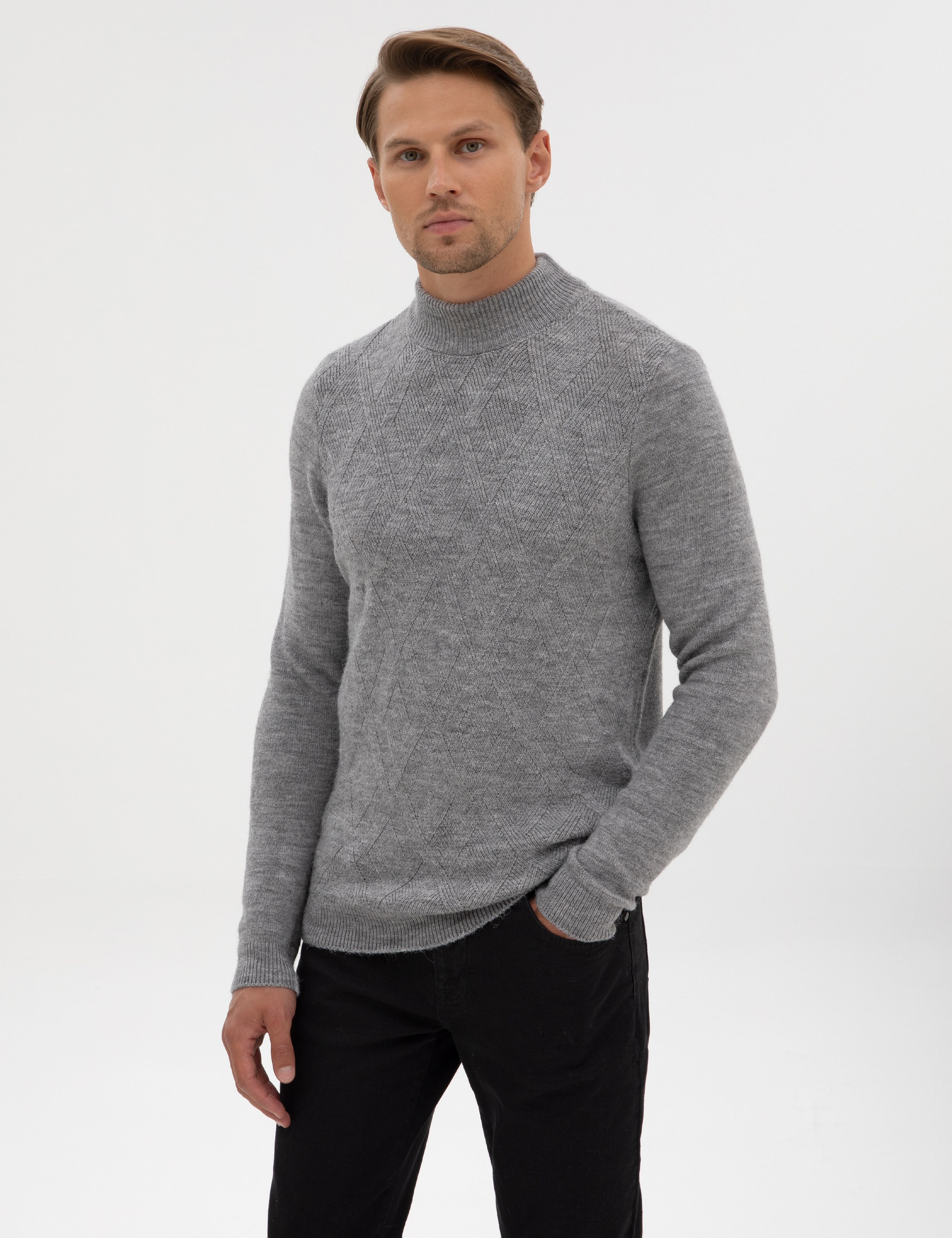 Açık Gri Melanj Slim Fit Yarım Balıkçı Yaka Triko Kazak - Image 3
