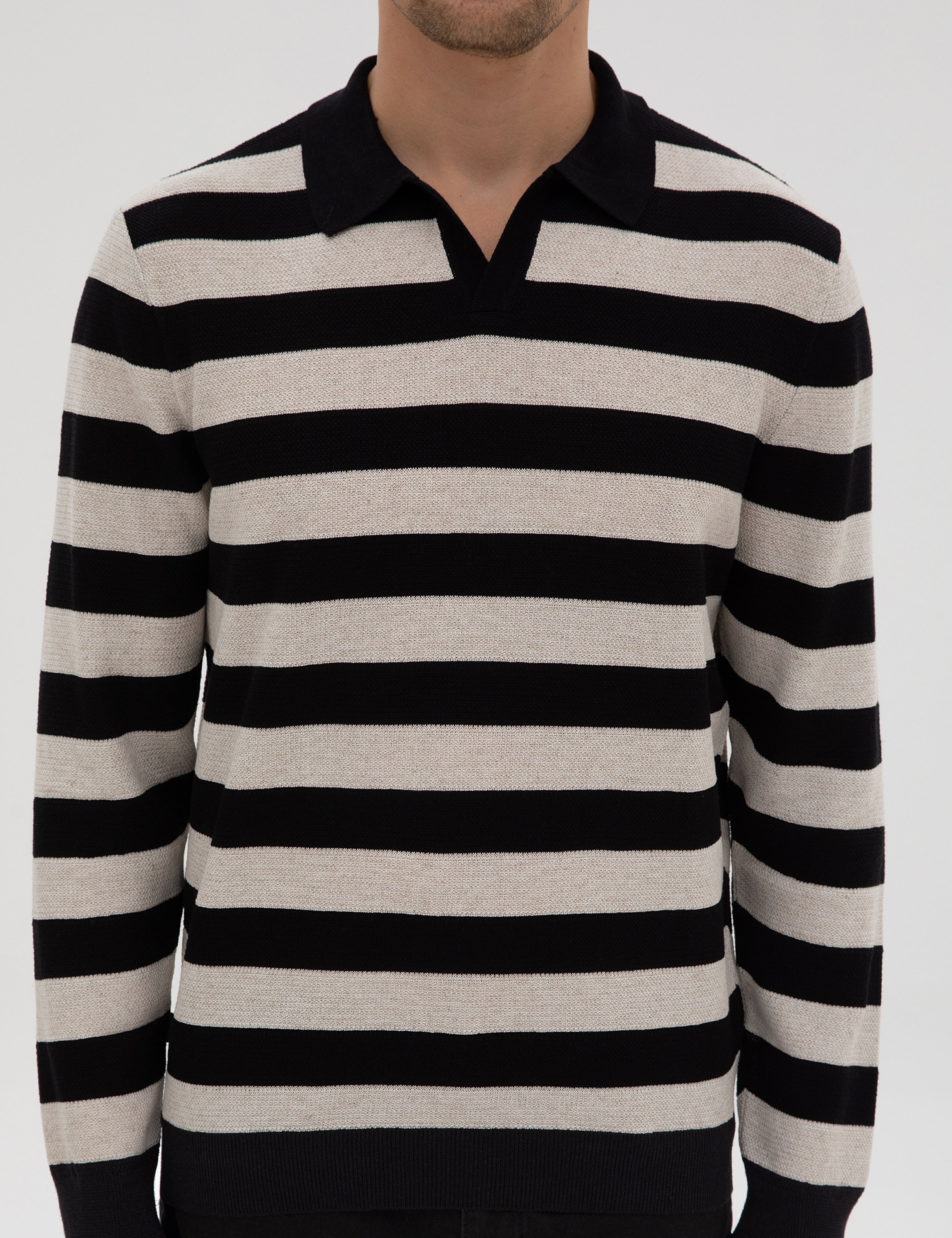 Siyah Slim Fit Keten Karışımlı Apaş Yaka Triko Kazak - Image 6