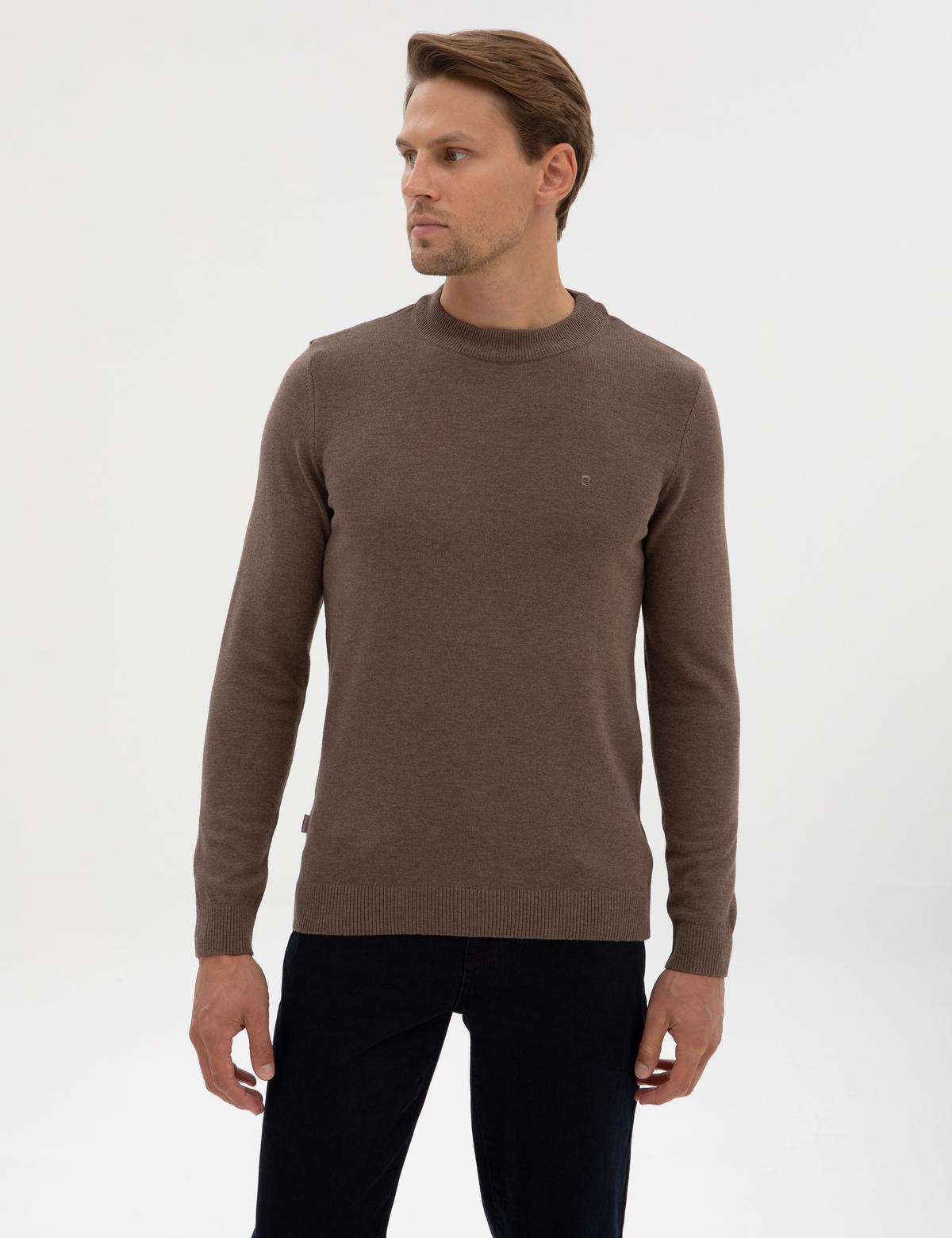 Vizon Melanj Slim Fit Çeyrek Yaka Basic Triko Kazak