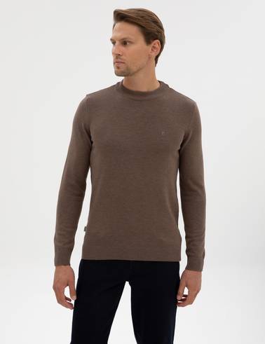 Vizon Melanj Slim Fit Çeyrek Yaka Basic Triko Kazak