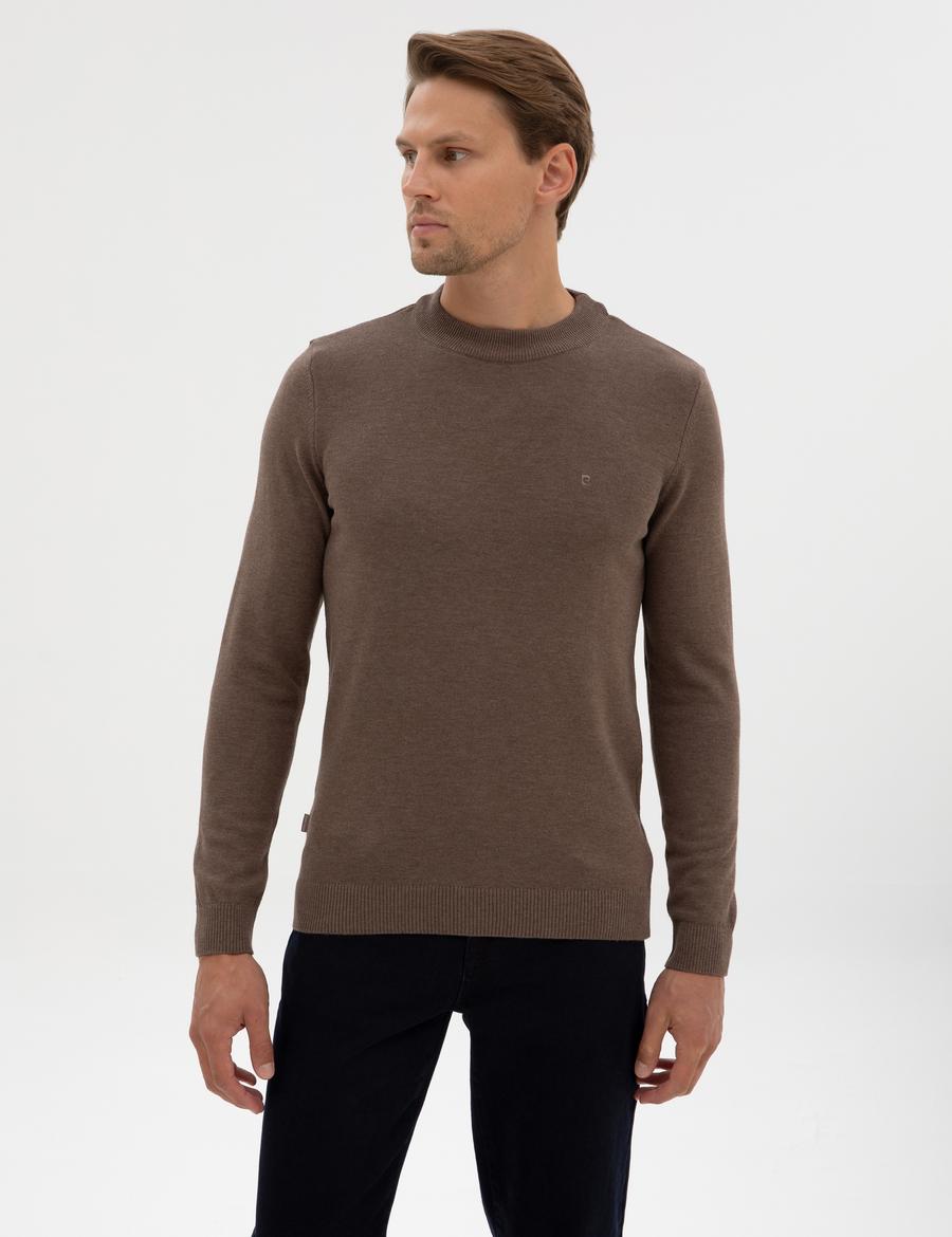 Vizon Melanj Slim Fit Çeyrek Yaka Basic Triko Kazak