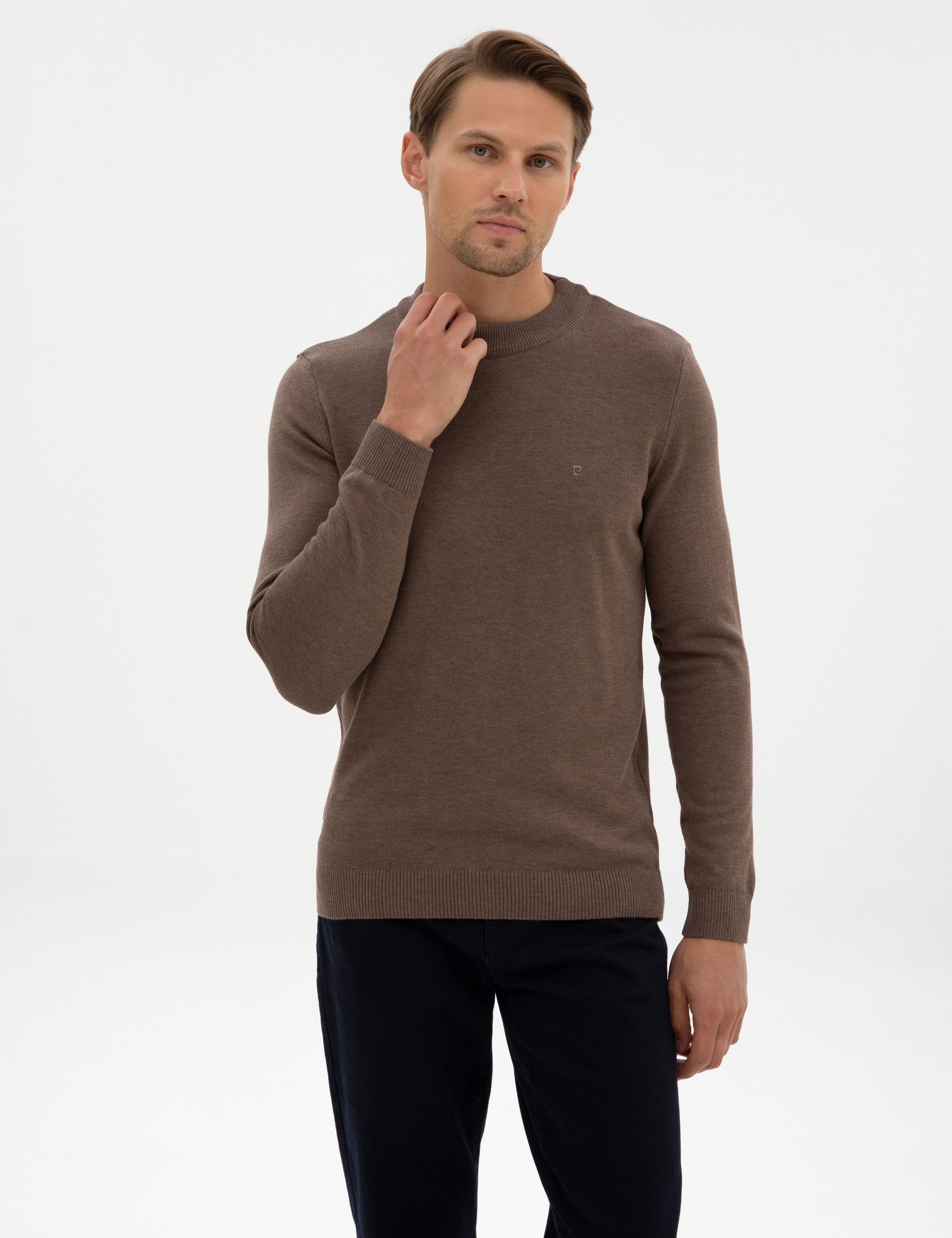 Vizon Melanj Slim Fit Çeyrek Yaka Basic Triko Kazak