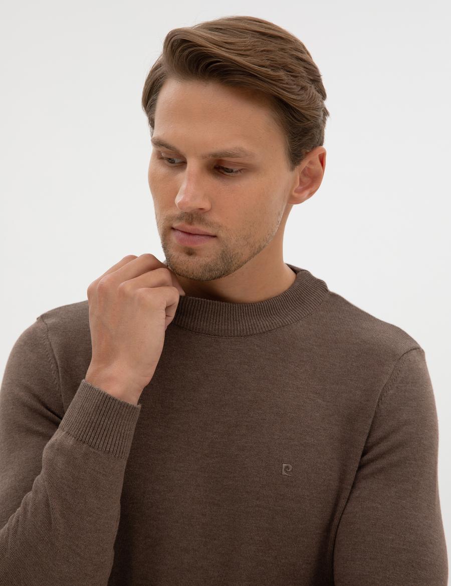 Vizon Melanj Slim Fit Çeyrek Yaka Basic Triko Kazak