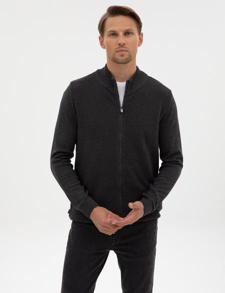 Koyu Antrasit Melanj Slim Fit Fermuarlı Triko Hırka - 50317341053