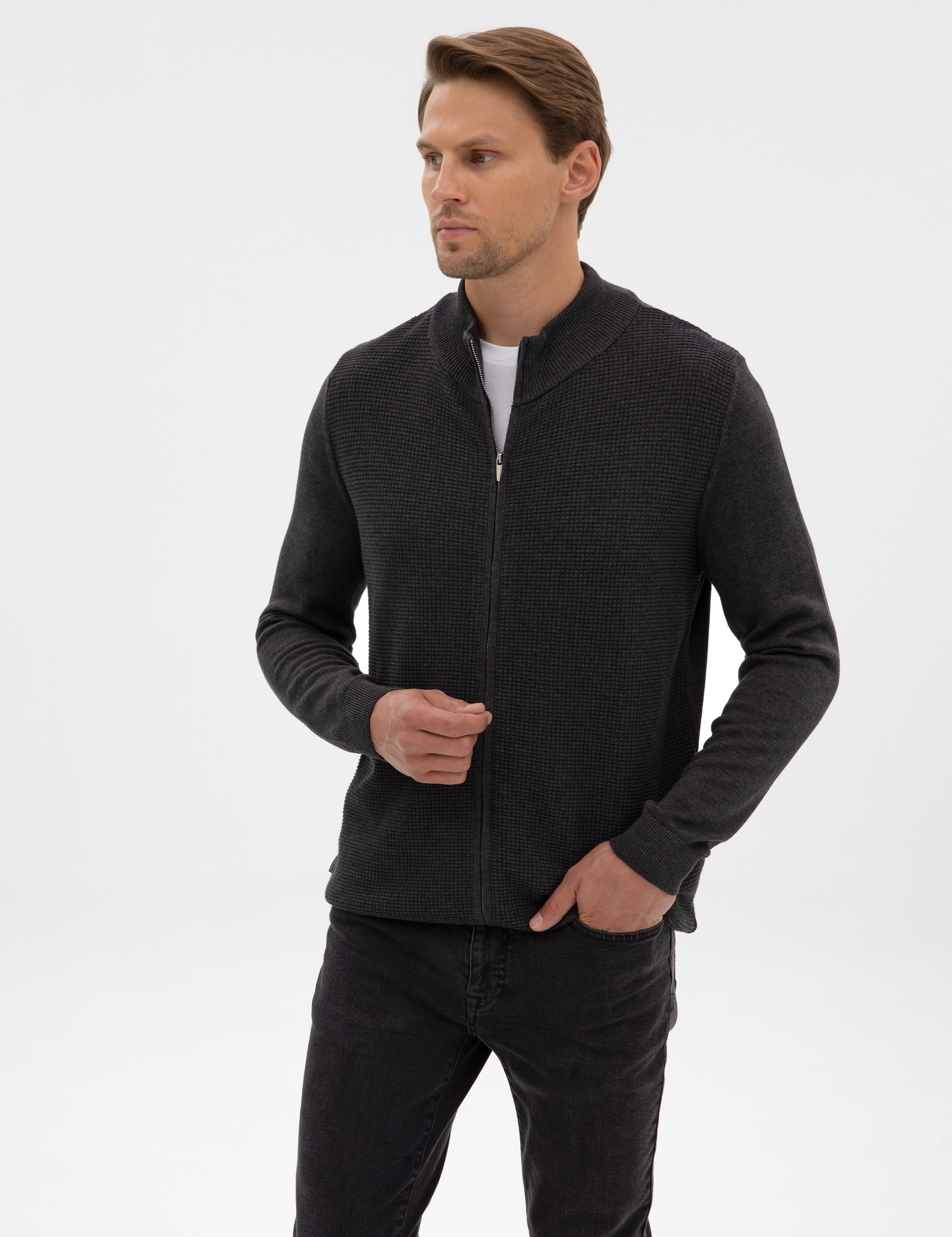 Koyu Antrasit Melanj Slim Fit Fermuarlı Triko Hırka - Image 3