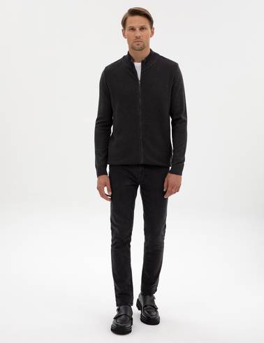 Koyu Antrasit Melanj Slim Fit Fermuarlı Triko Hırka