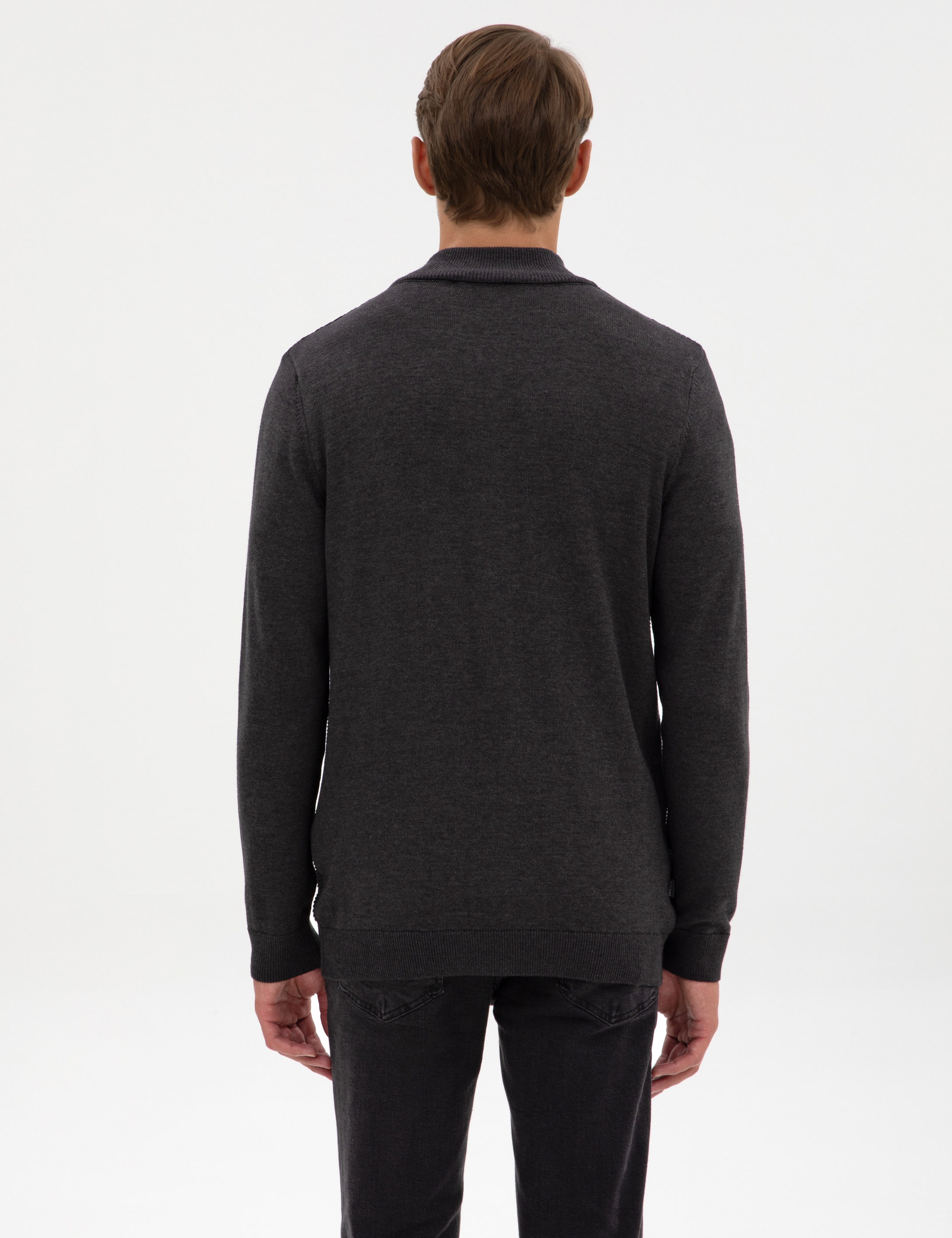 Koyu Antrasit Melanj Slim Fit Fermuarlı Triko Hırka - Image 5