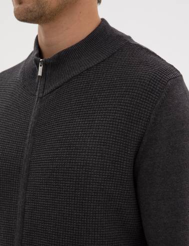 Koyu Antrasit Melanj Slim Fit Fermuarlı Triko Hırka