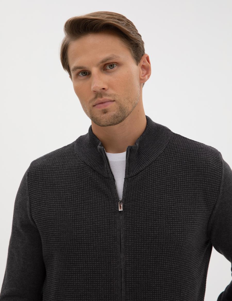 Koyu Antrasit Melanj Slim Fit Fermuarlı Triko Hırka