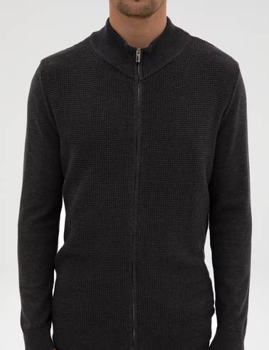 Koyu Antrasit Melanj Slim Fit Fermuarlı Triko Hırka