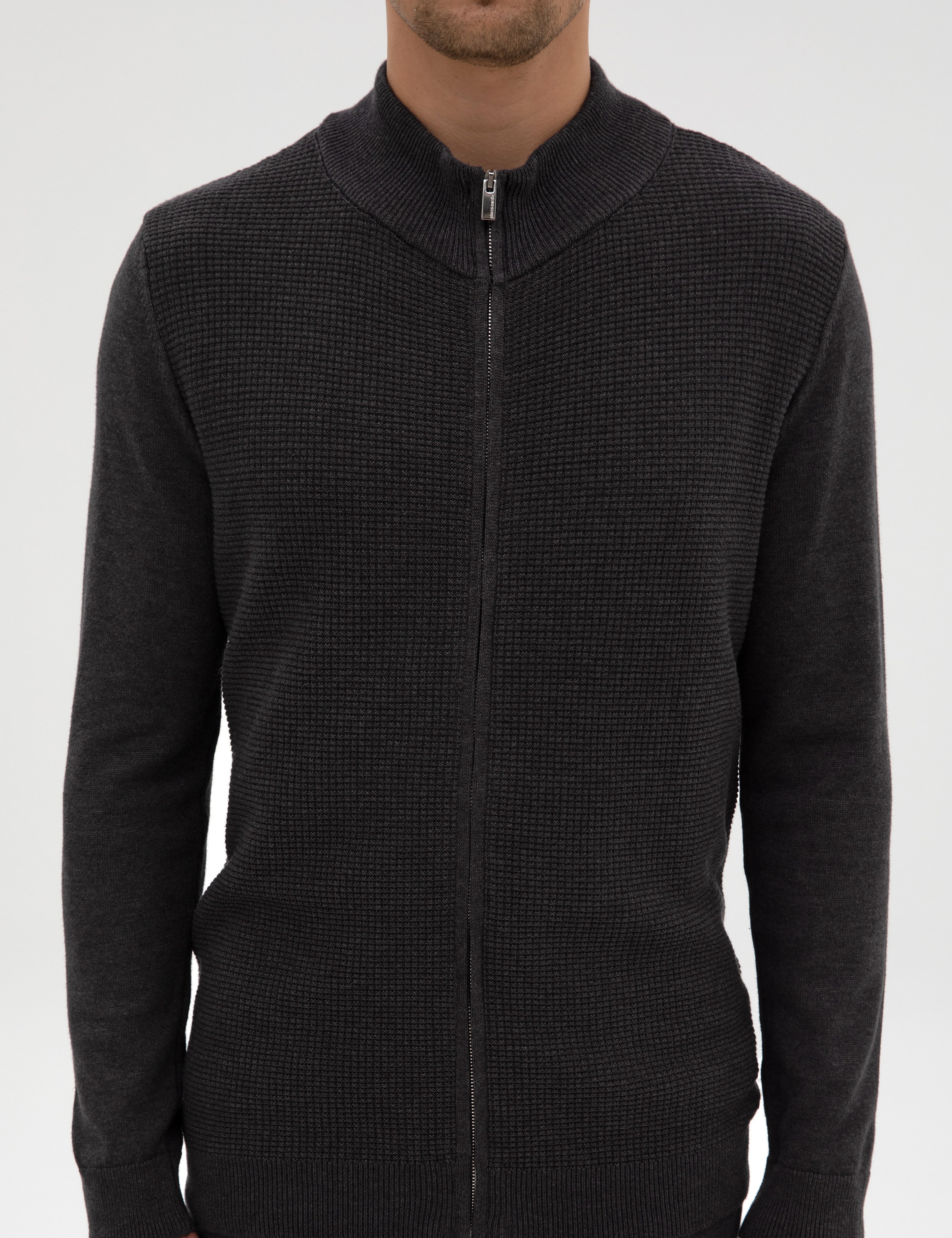 Koyu Antrasit Melanj Slim Fit Fermuarlı Triko Hırka - Image 6