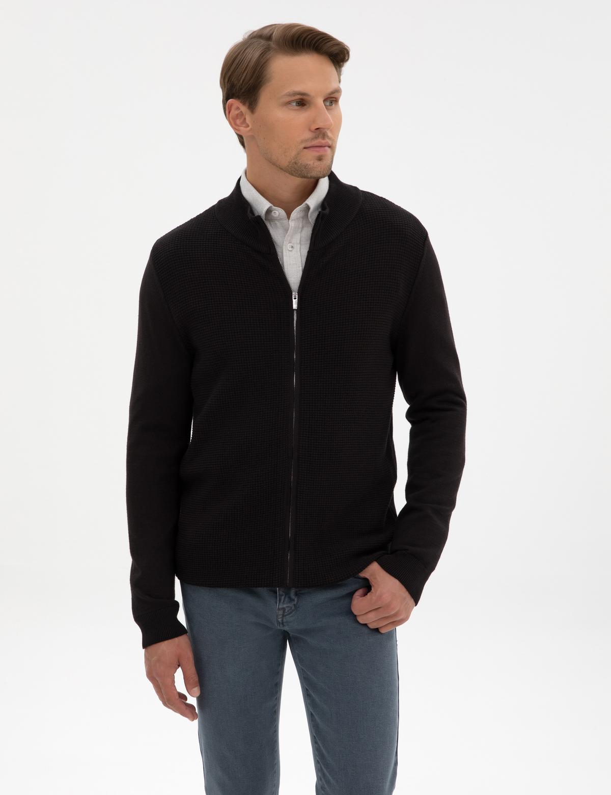 Siyah Slim Fit Fermuarlı Triko Hırka - 50317341013