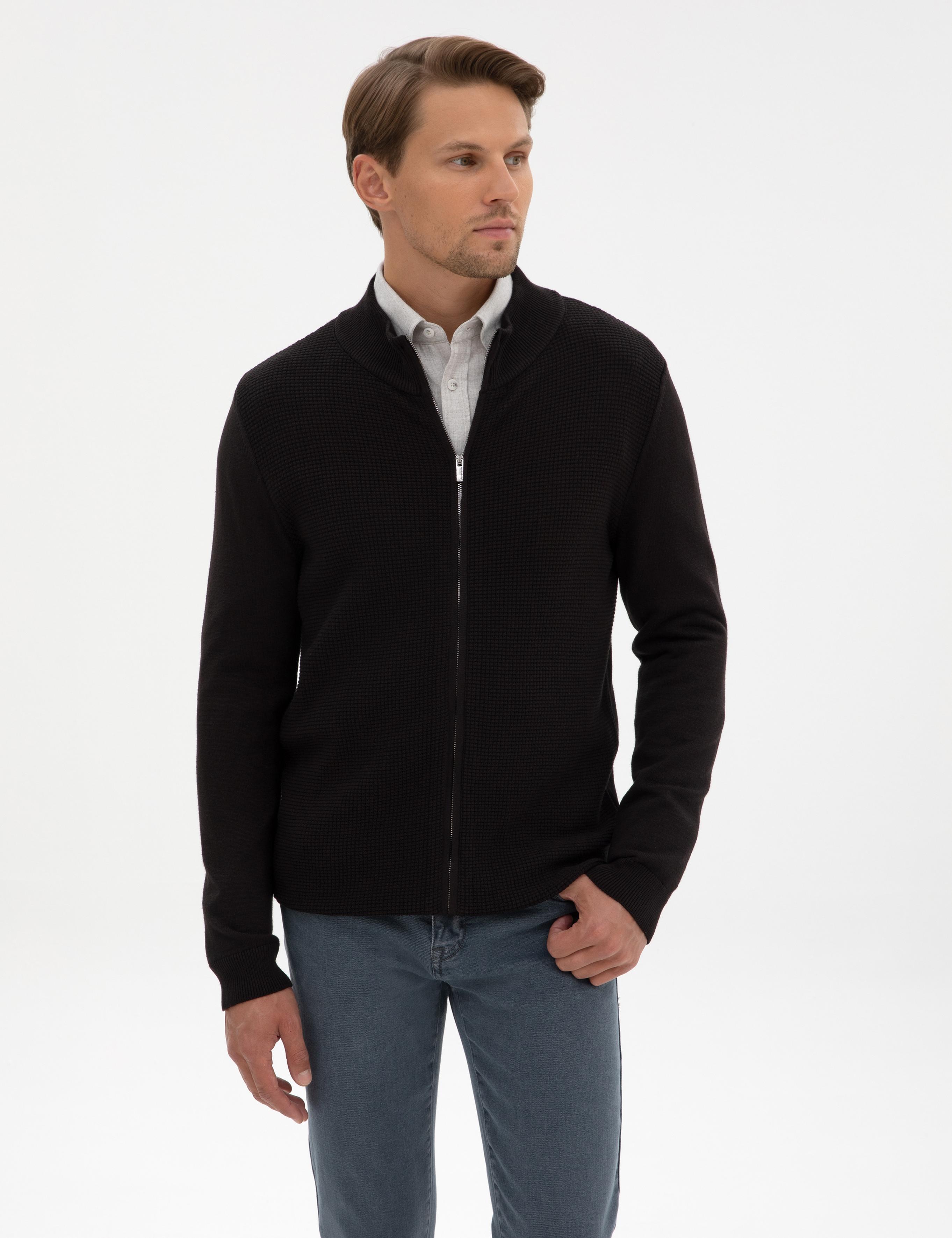 Siyah Slim Fit Fermuarlı Triko Hırka