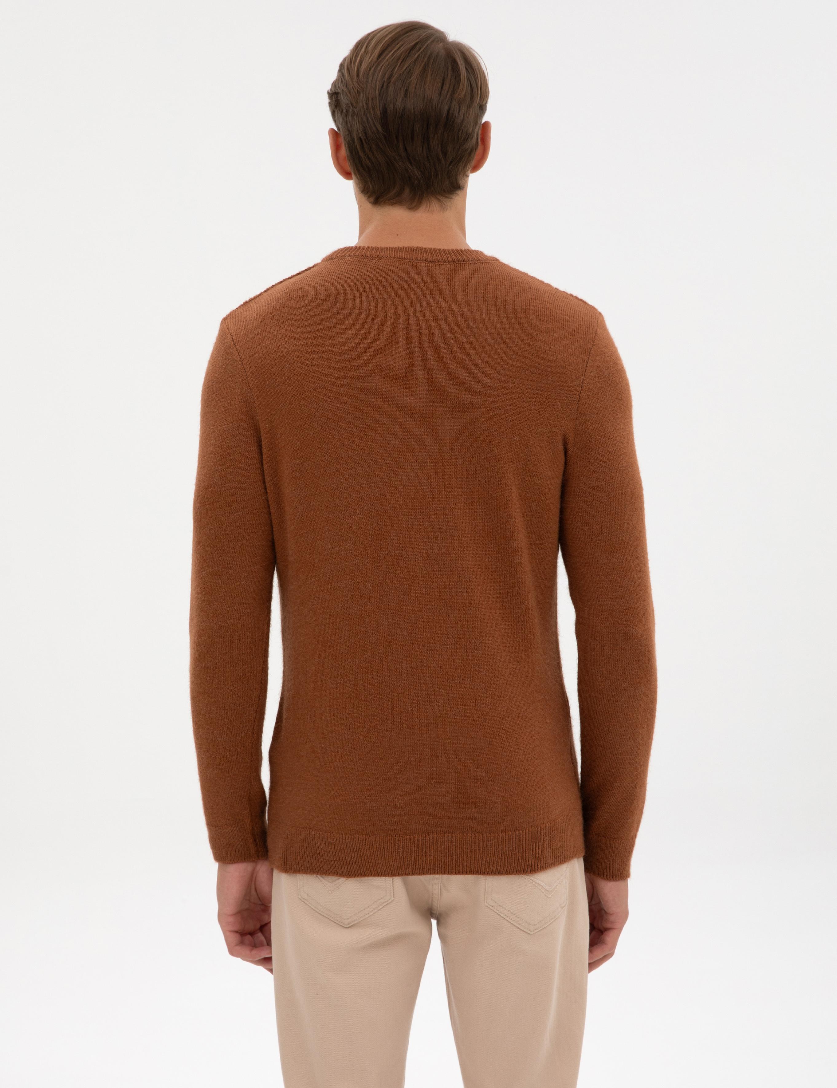 Kahverengi Regular Fit Bisiklet Yaka Triko Kazak