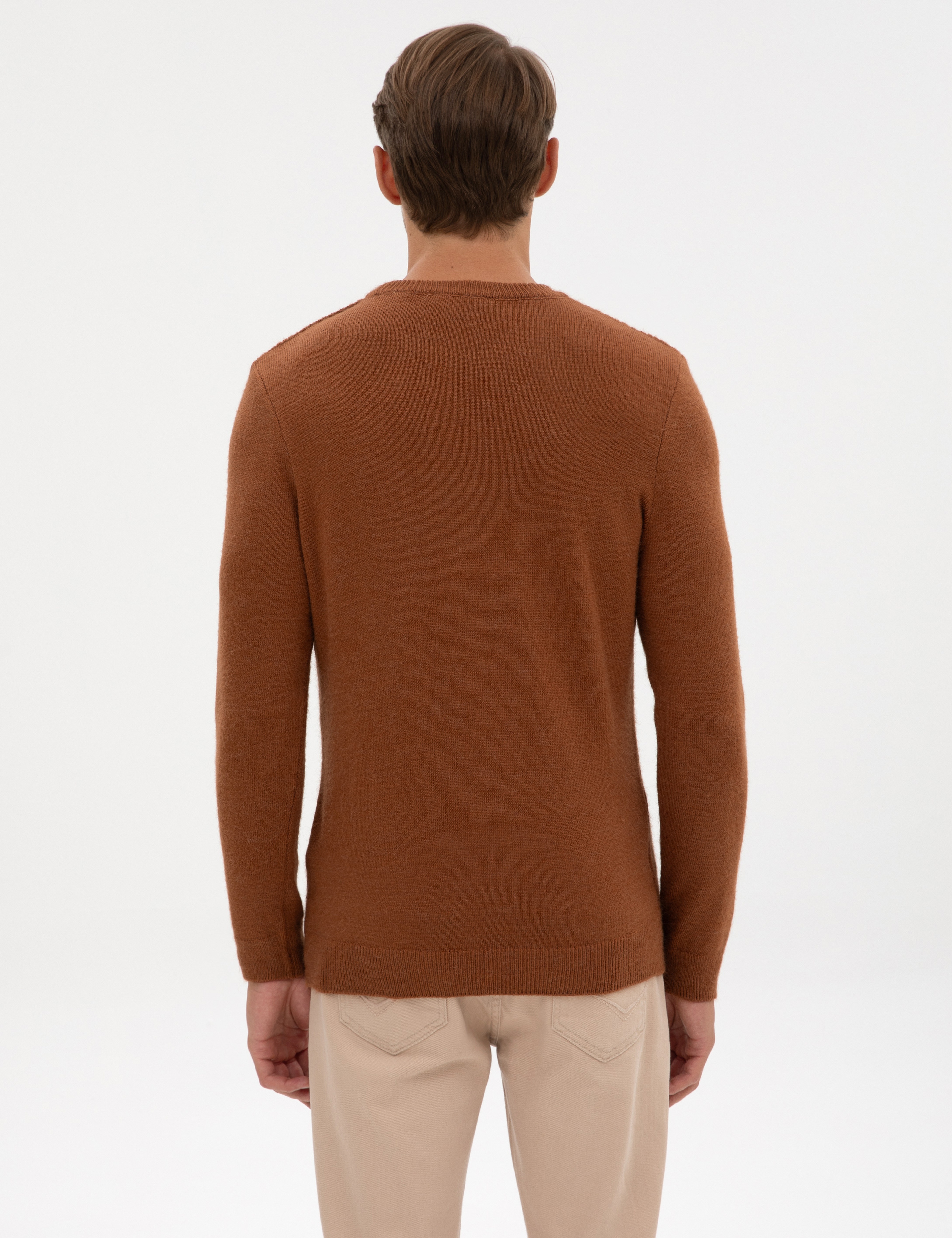 Kahverengi Regular Fit Bisiklet Yaka Triko Kazak - Image 5