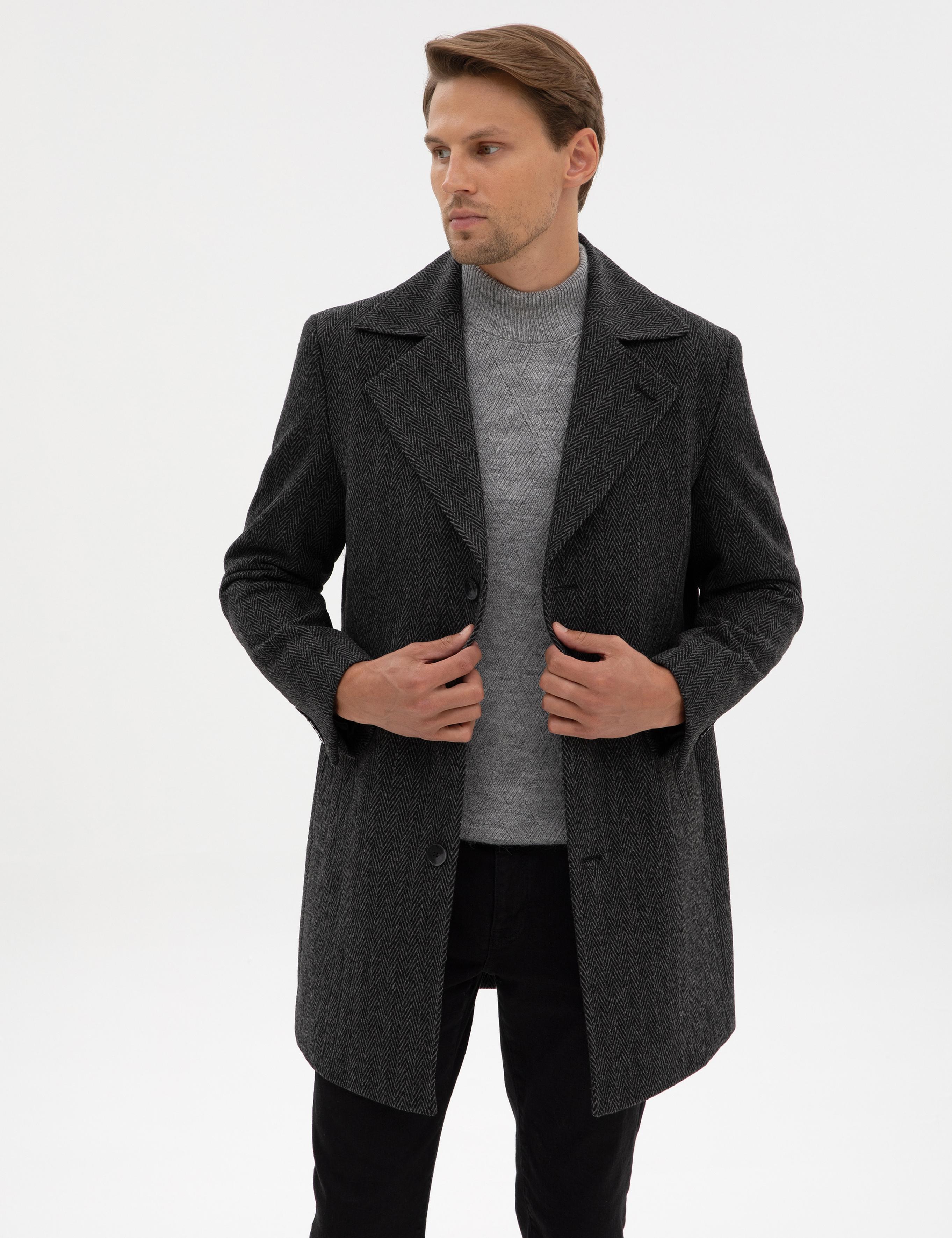 Antrasit Yün Karışımlı Balıksırtı Palto