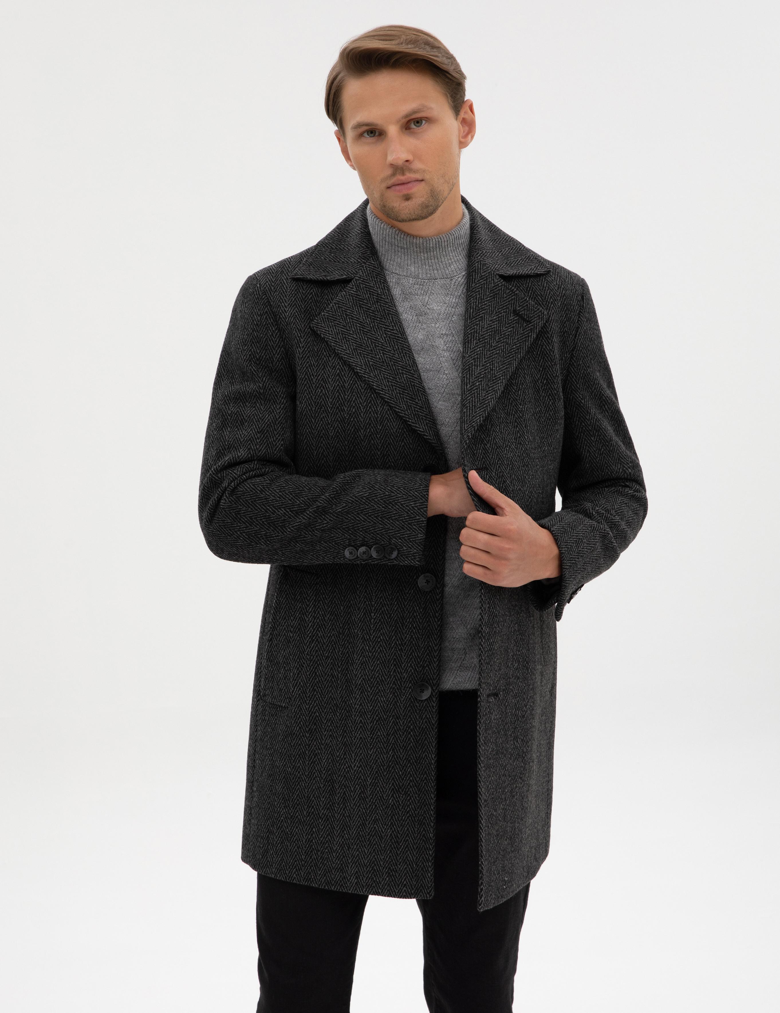 Antrasit Yün Karışımlı Balıksırtı Palto