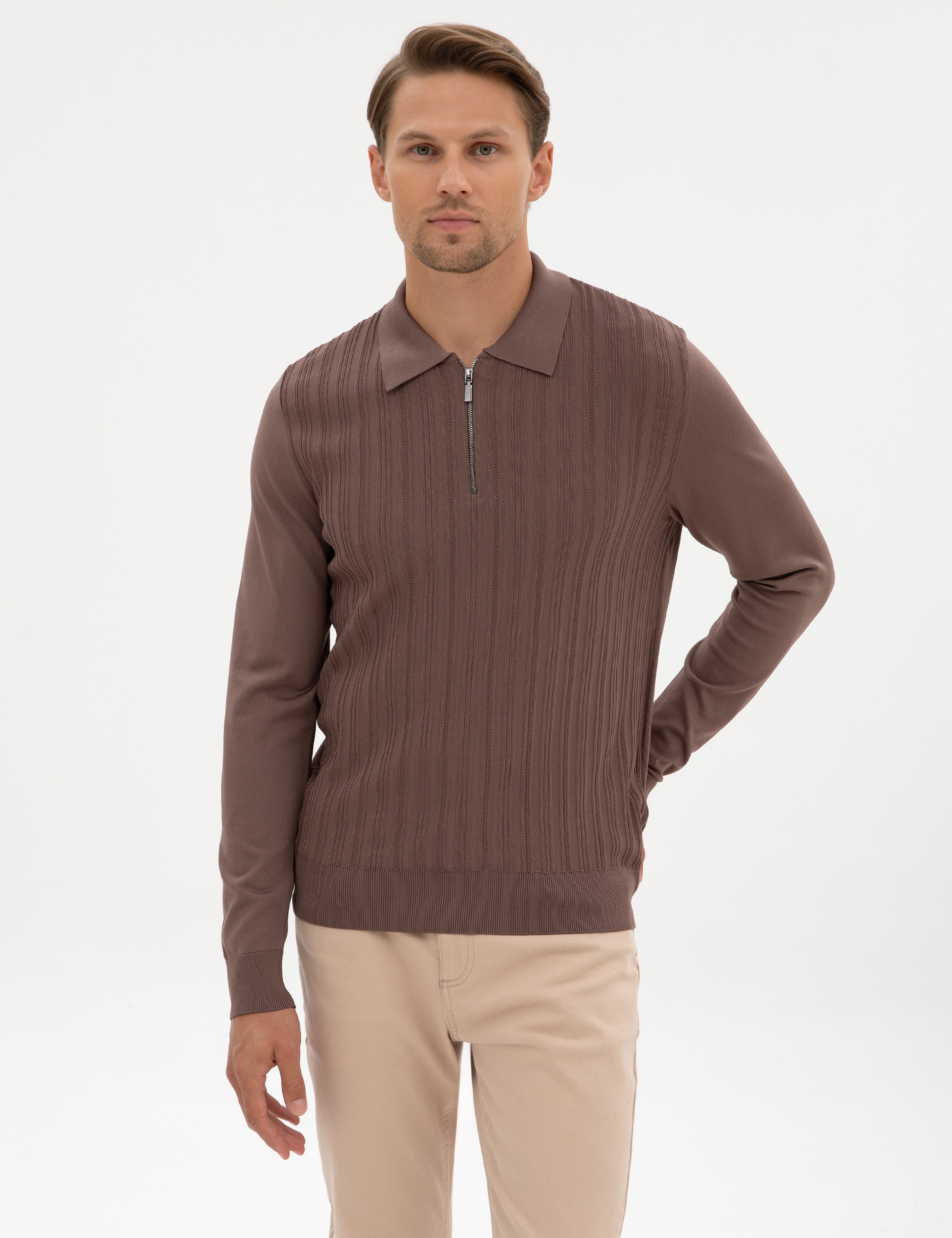 Vizon Regular Fit Bisiklet Yaka Fermuarlı Triko Kazak - Image 3