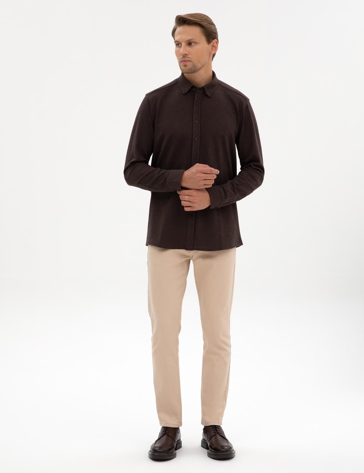 Koyu Kahverengi Regular Fit Örme Gömlek - 50311692058