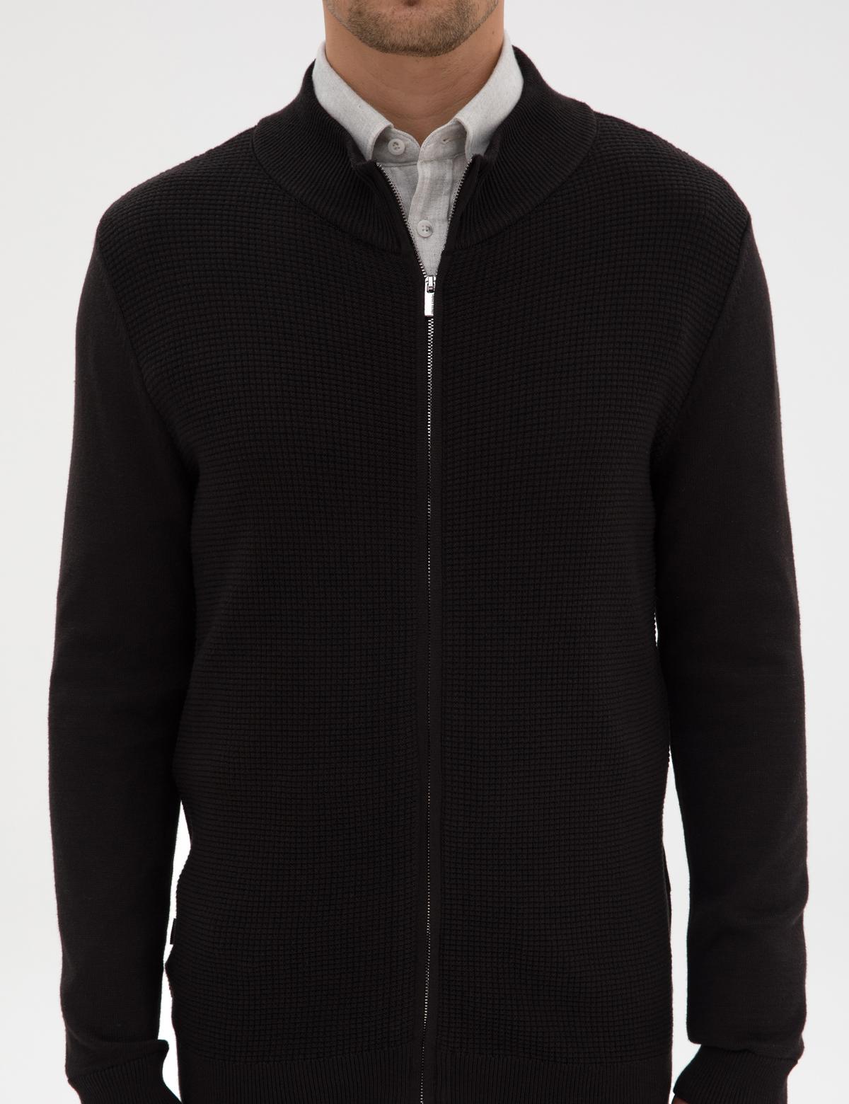 Siyah Slim Fit Fermuarlı Triko Hırka - 50317341013