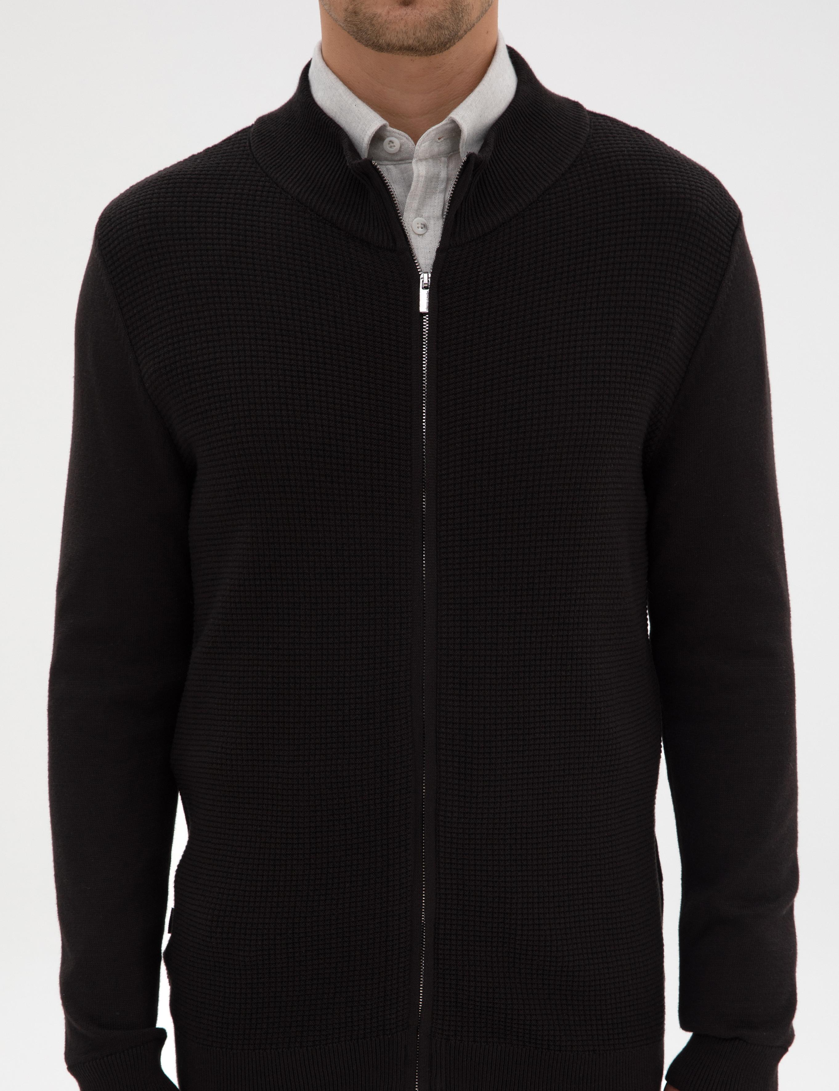 Siyah Slim Fit Fermuarlı Triko Hırka