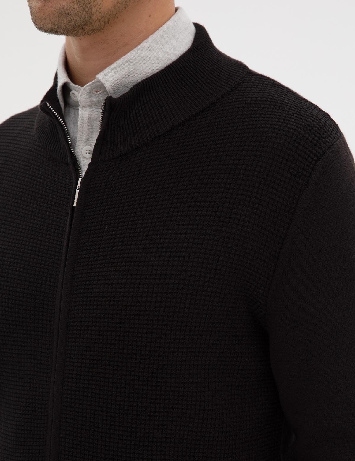 Siyah Slim Fit Fermuarlı Triko Hırka - 50317341013