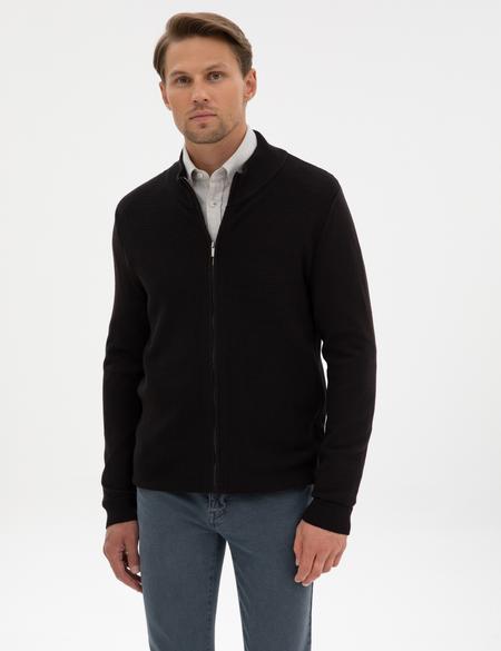 Siyah Slim Fit Fermuarlı Triko Hırka - 50317341013