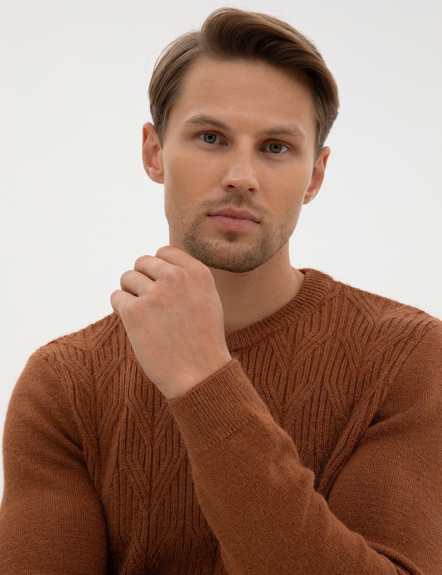 Kahverengi Regular Fit Bisiklet Yaka Triko Kazak