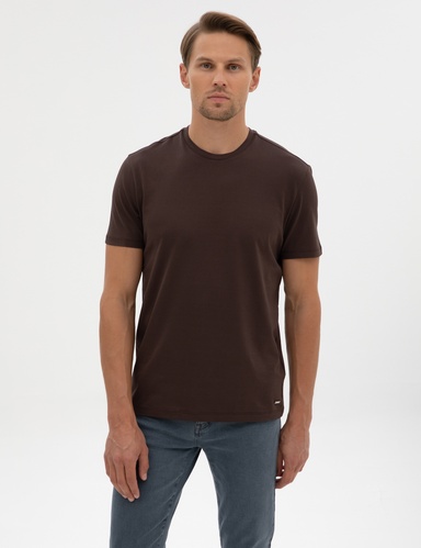 Kahverengi Slim Fit %100 Pamuk Bisiklet Yaka Basic Tişört