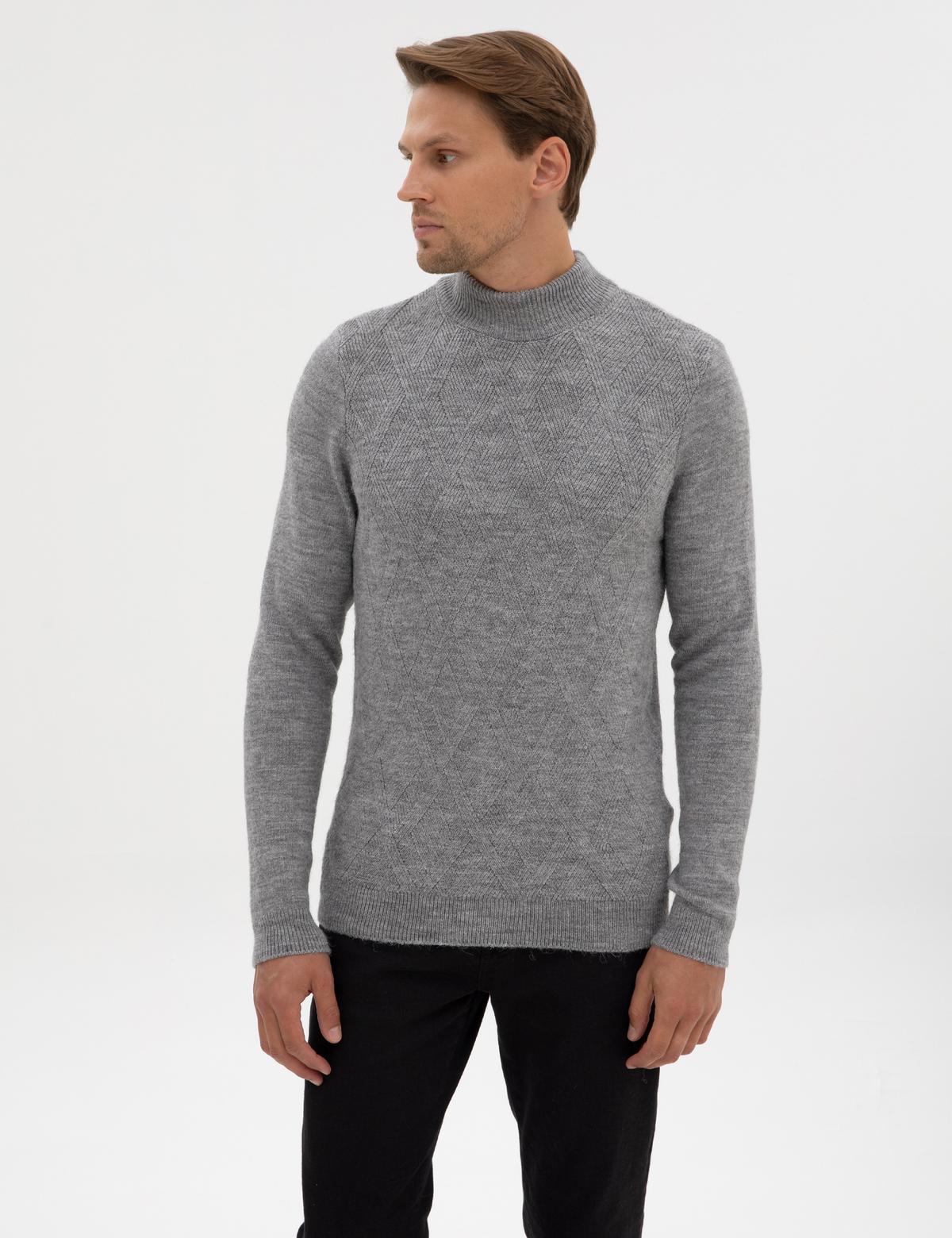 Açık Gri Melanj Slim Fit Yarım Balıkçı Yaka Triko Kazak