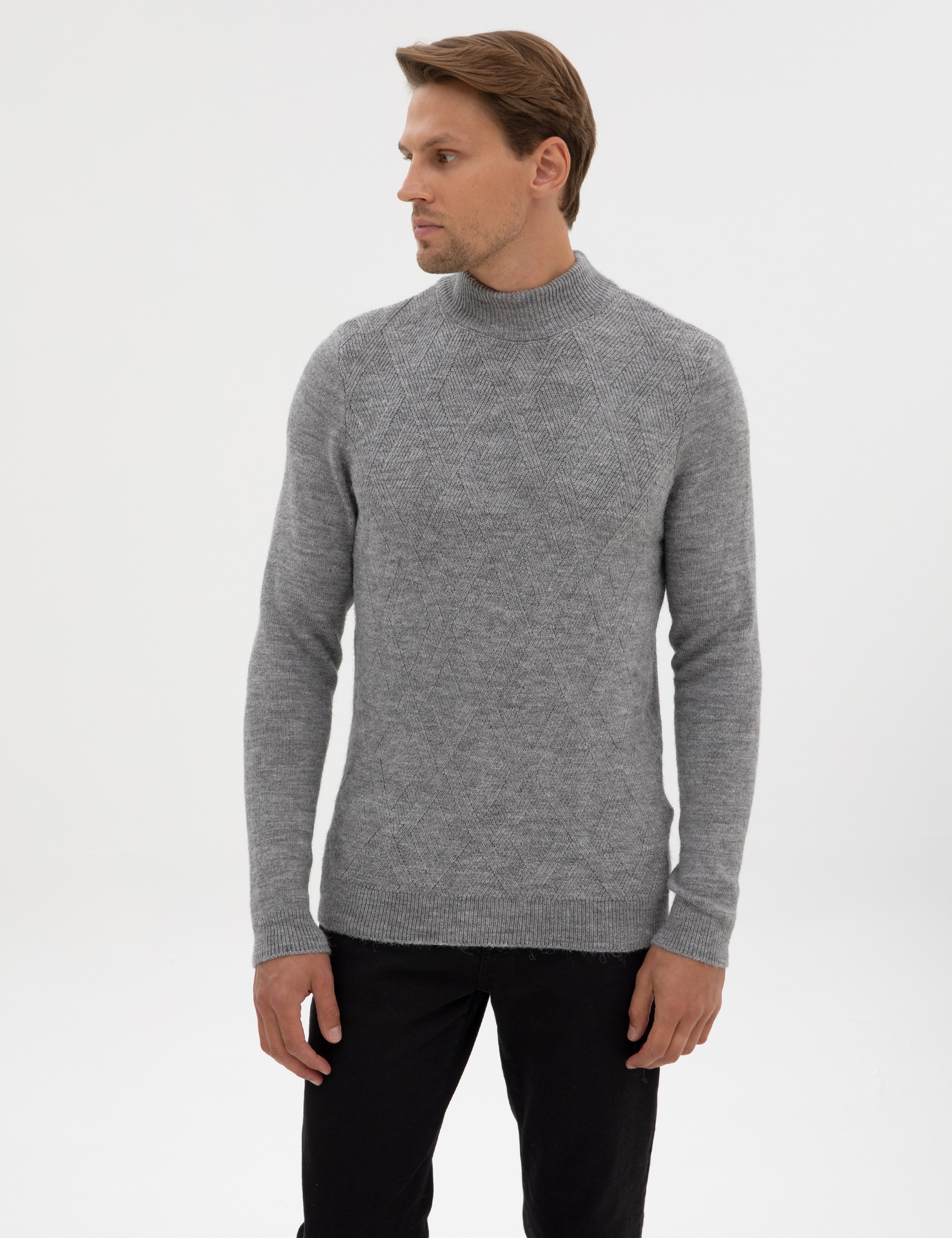 Açık Gri Melanj Slim Fit Yarım Balıkçı Yaka Triko Kazak - Image 1