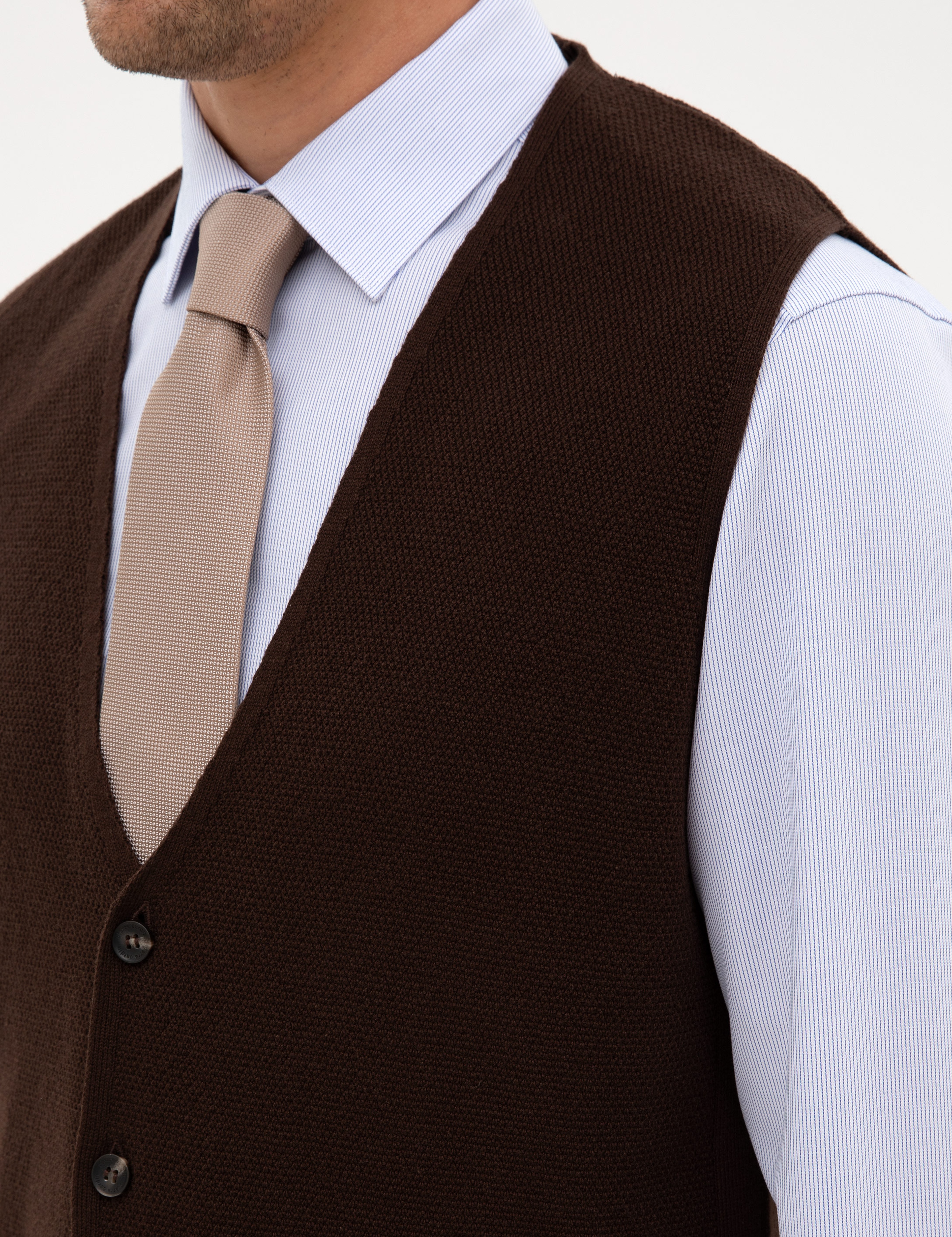 Koyu Kahverengi Slim Fit V Yaka Triko Yelek - Image 7