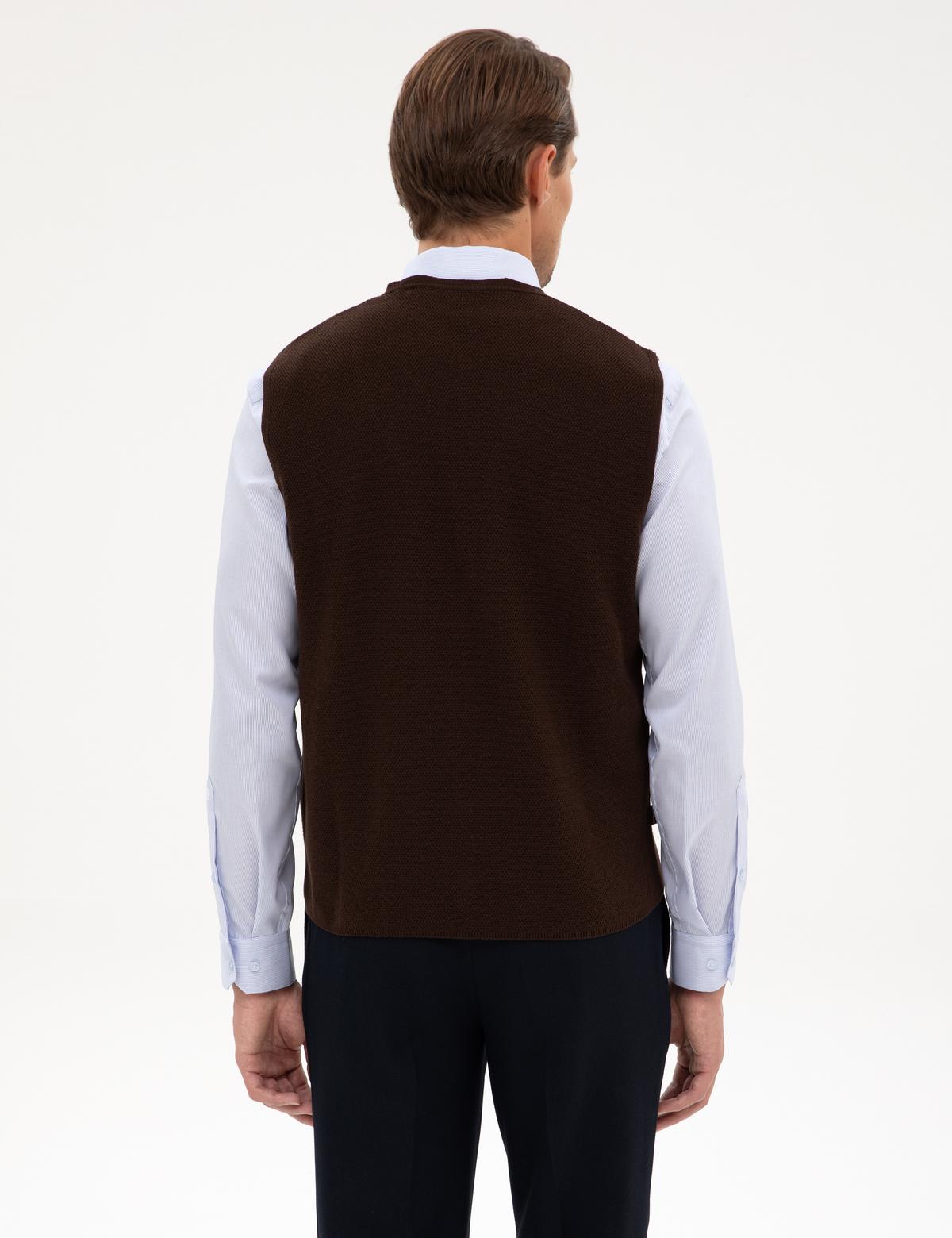 Koyu Kahverengi Slim Fit V Yaka Triko Yelek - 50317313047