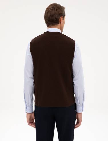 Koyu Kahverengi Slim Fit V Yaka Triko Yelek