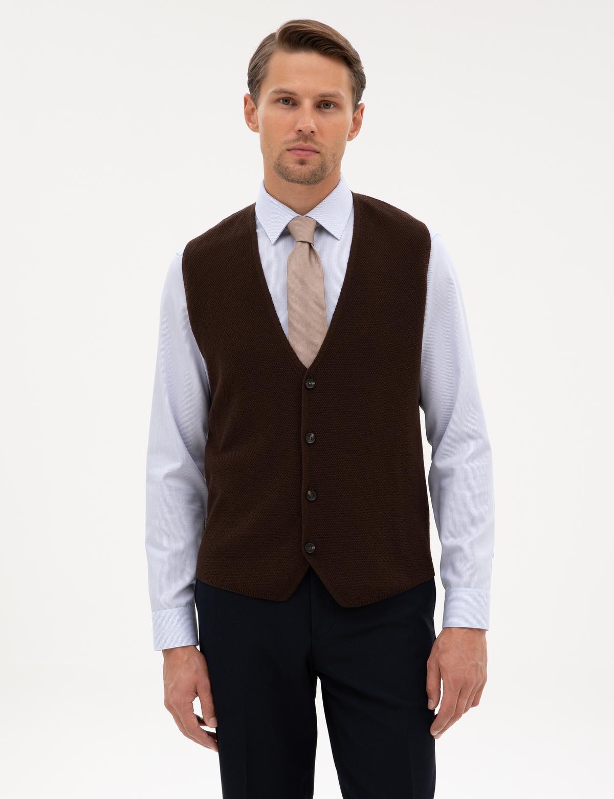 Koyu Kahverengi Slim Fit V Yaka Triko Yelek - 50317313047