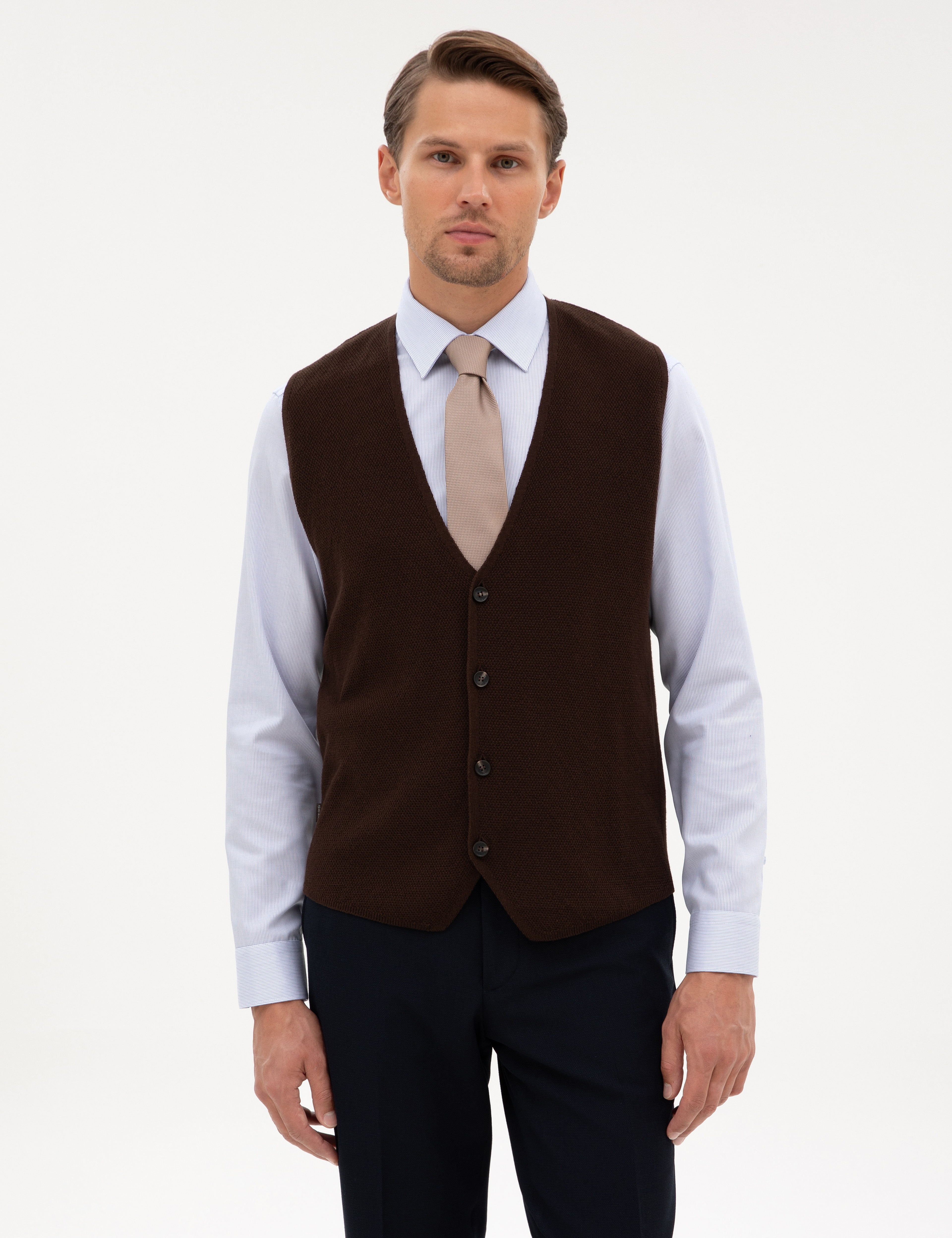 Koyu Kahverengi Slim Fit V Yaka Triko Yelek - Image 3