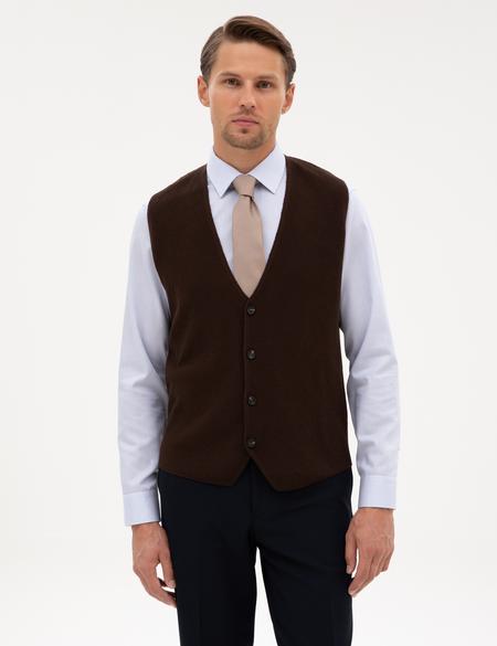 Koyu Kahverengi Slim Fit V Yaka Triko Yelek - 50317313047