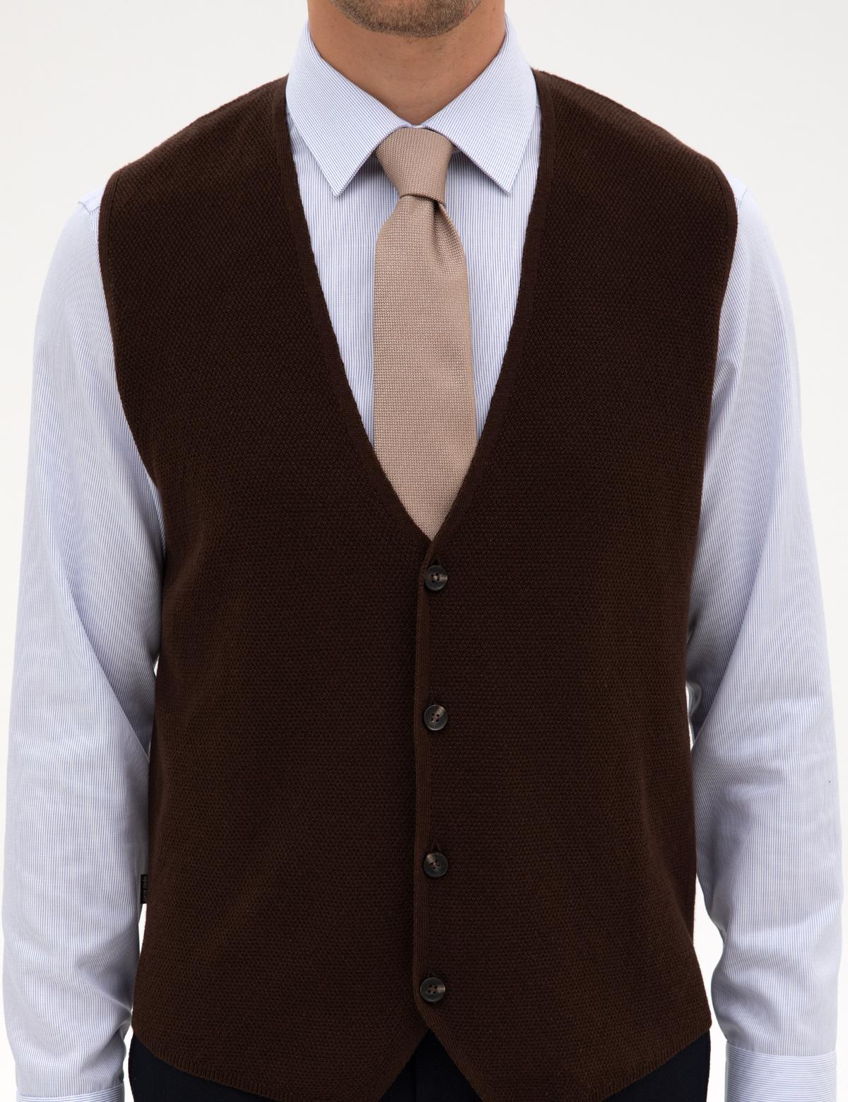 Koyu Kahverengi Slim Fit V Yaka Triko Yelek - 50317313047