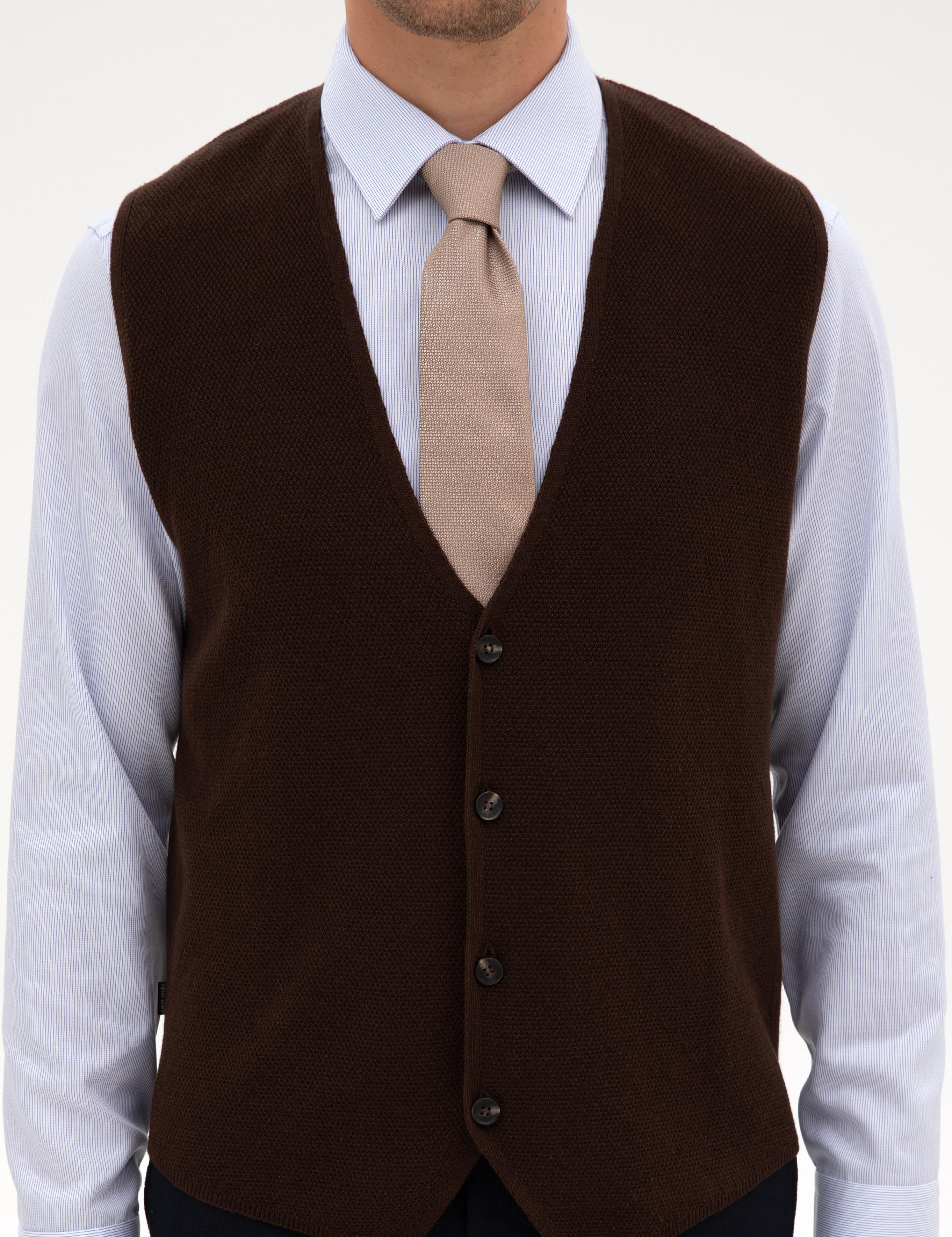 Koyu Kahverengi Slim Fit V Yaka Triko Yelek